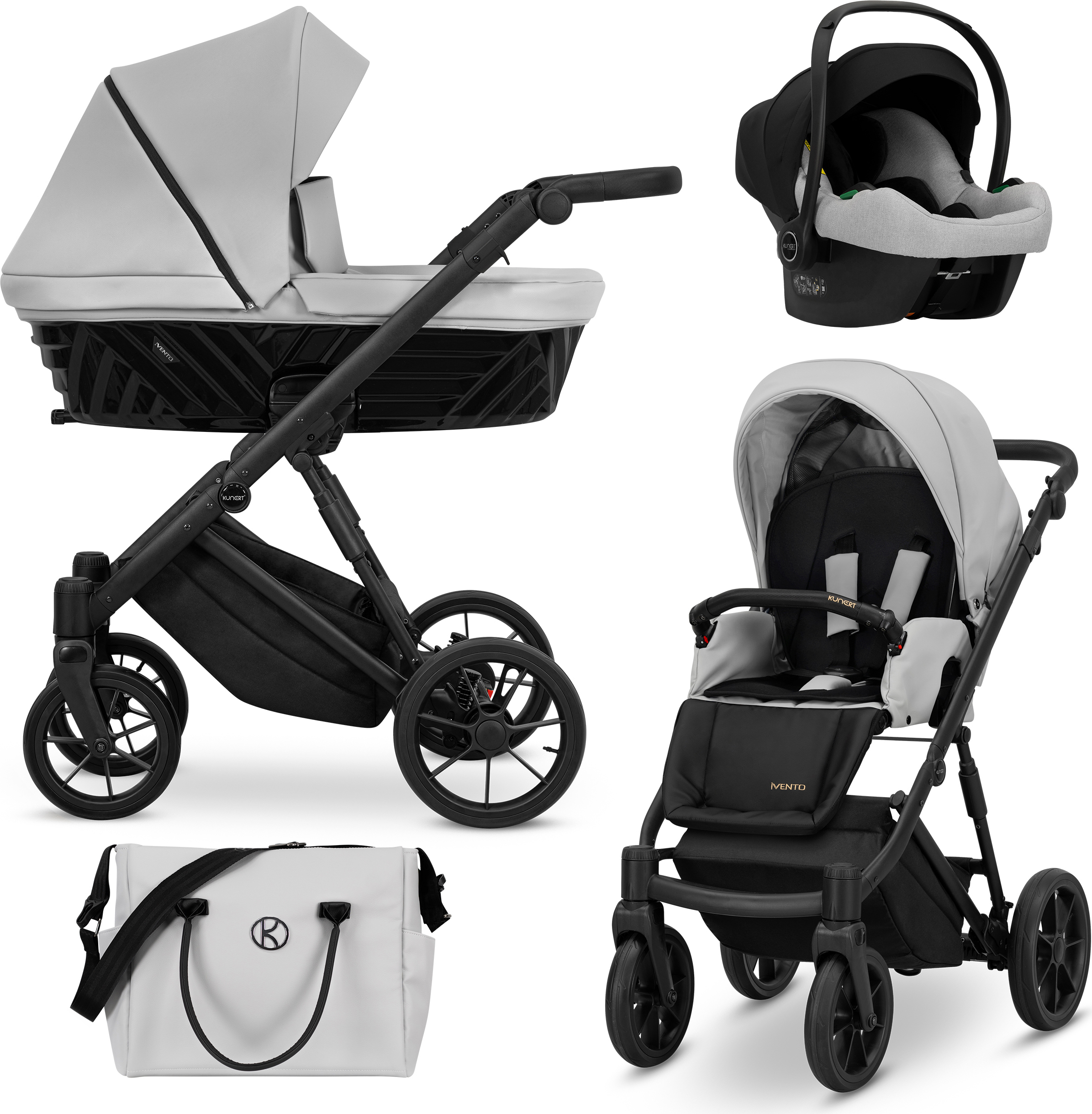 Kunert Kinderwagen IVENTO Sportwagen Babywagen Babyschale Komplettset Kinder Wagen Autositz Set 3 in 1 (Dove Grey, Rahmenfarbe: Schwarz)