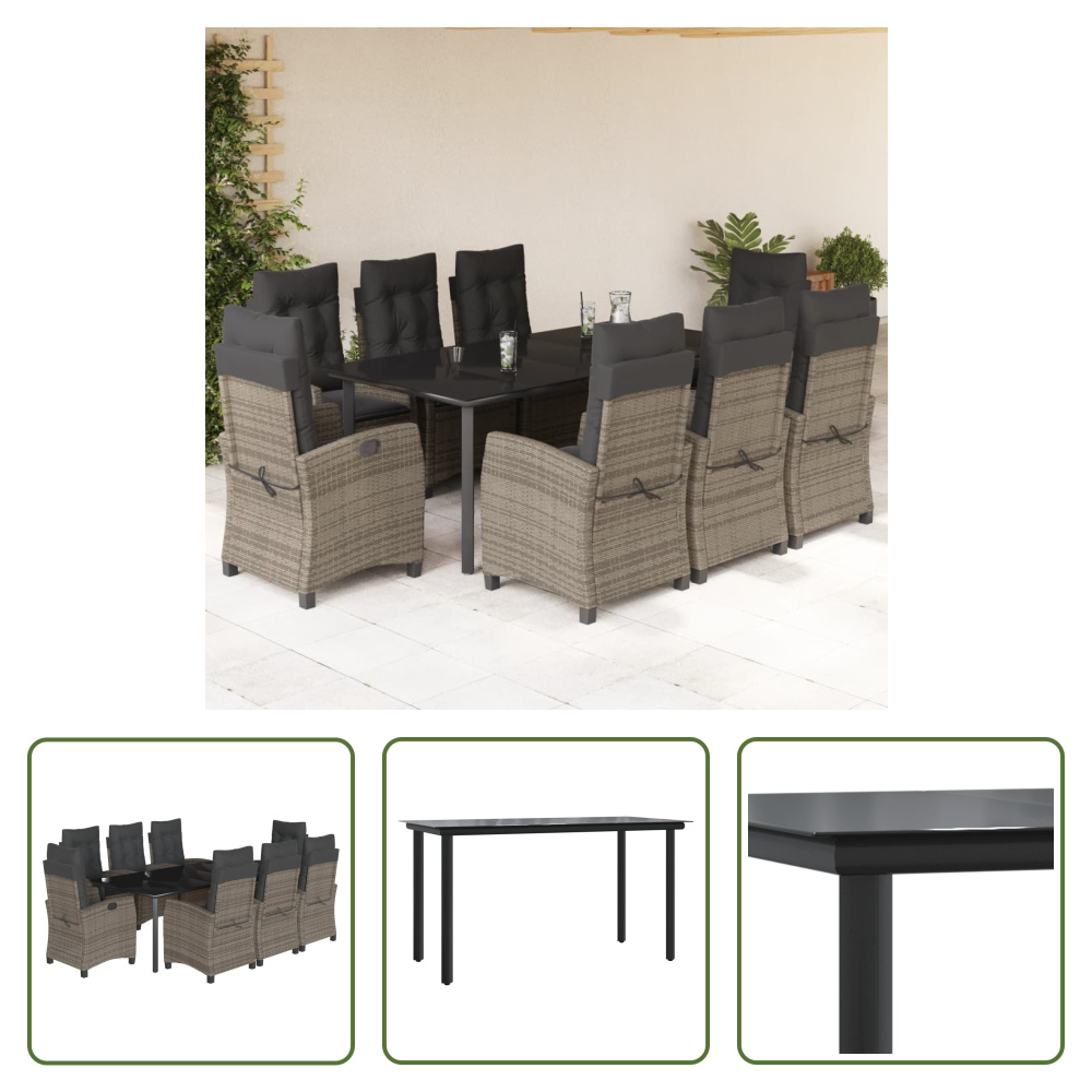 The Living Store 9-dielny záhradný jedálenský set s vankúšmi sivý polyratan