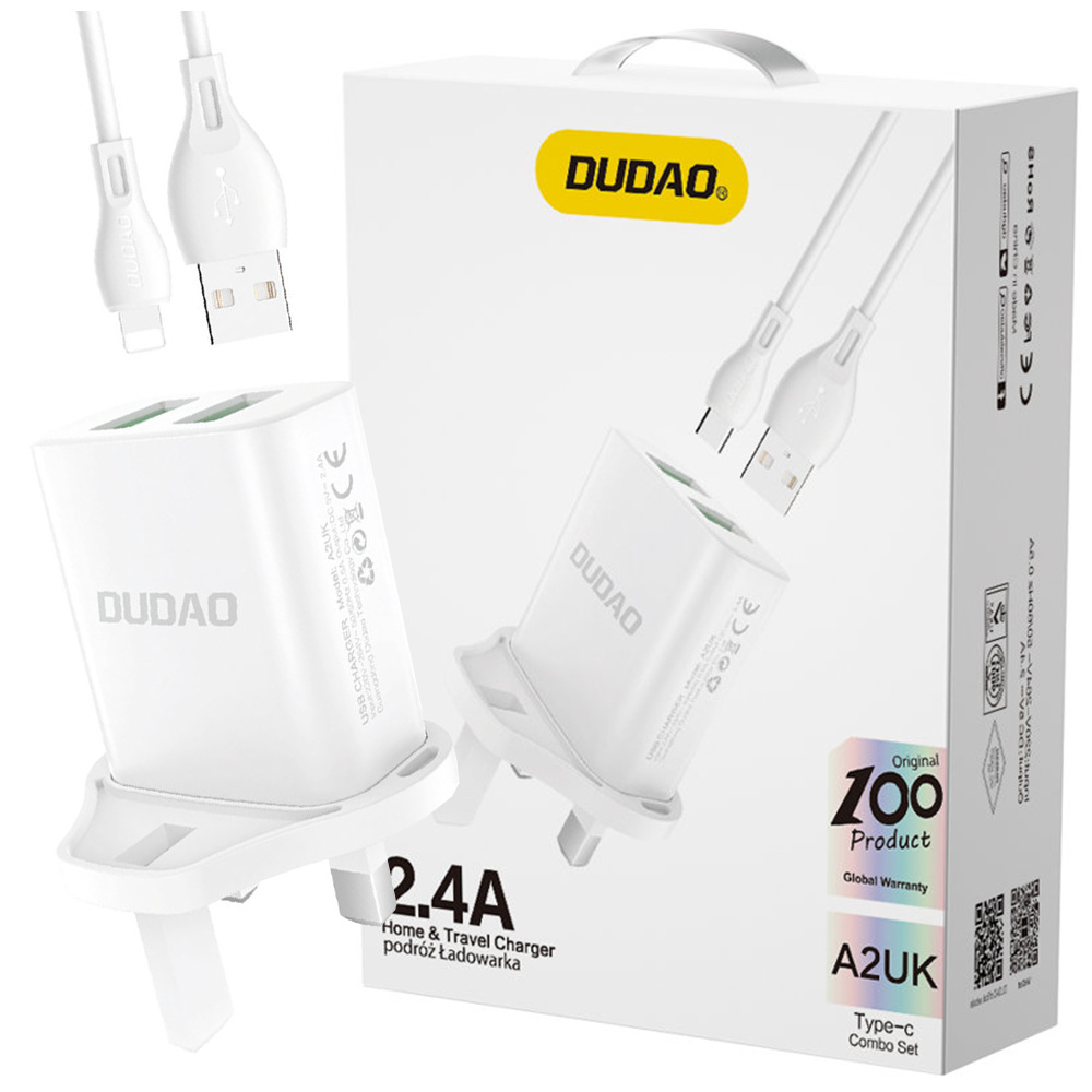 Dudao Nabíjačka S Uk (United Kingdom) Konektorom 2Xusb-A 2.4A Biela + Usb-A - Microusb Kábel 1M
