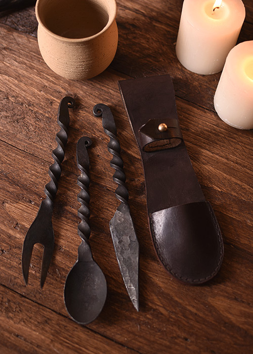 Battle-Merchant Essbesteck- 3-teilig Messer, Gabel, Löffel mit Tasche