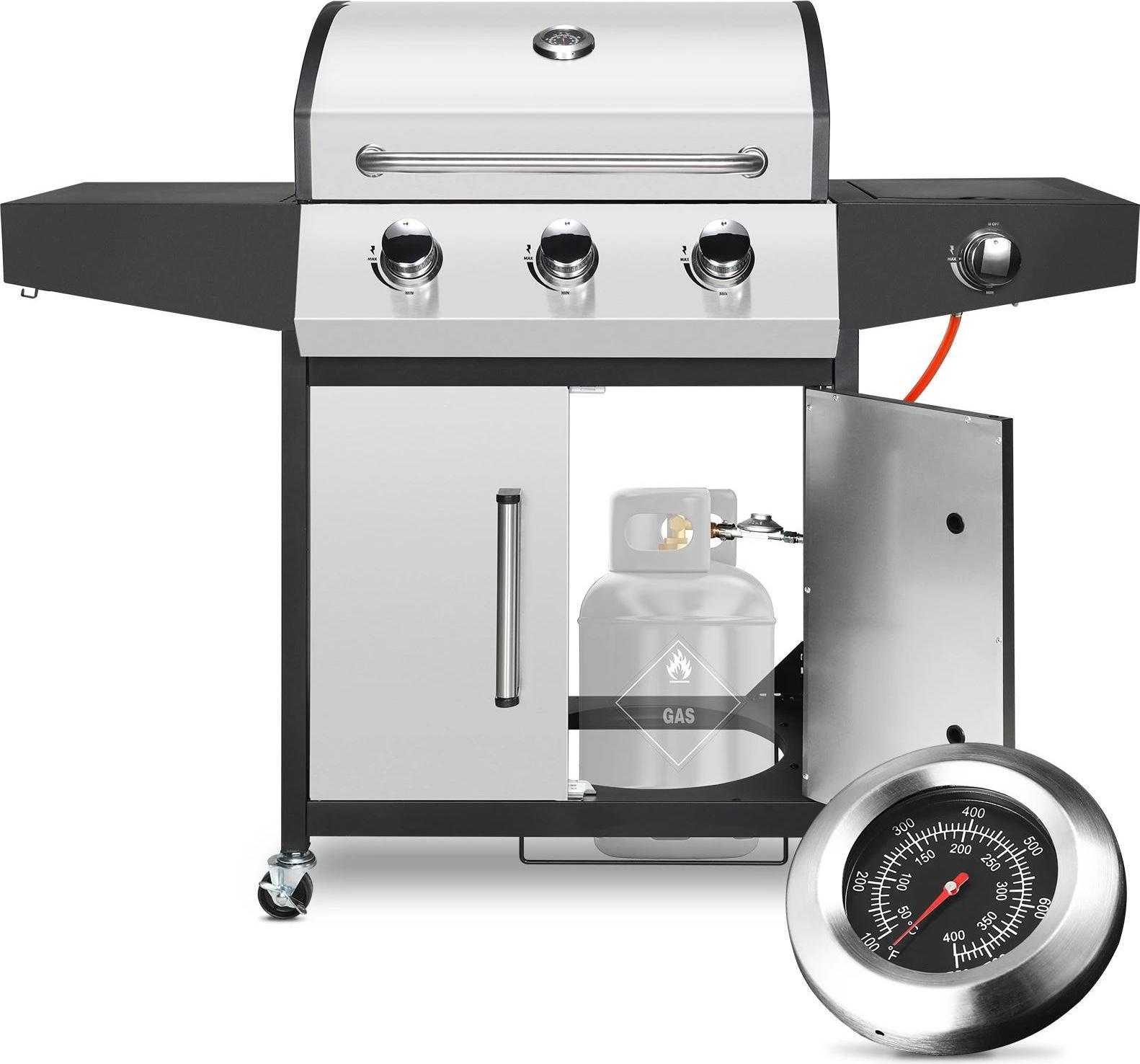 Plynový gril BBQ - 3+1 horák - 24 000 BTU - zemný plyn - nerezová oceľ, smaltovaný porcelán - grilovací vozík s bočným horákom a stolíkom - strieborný