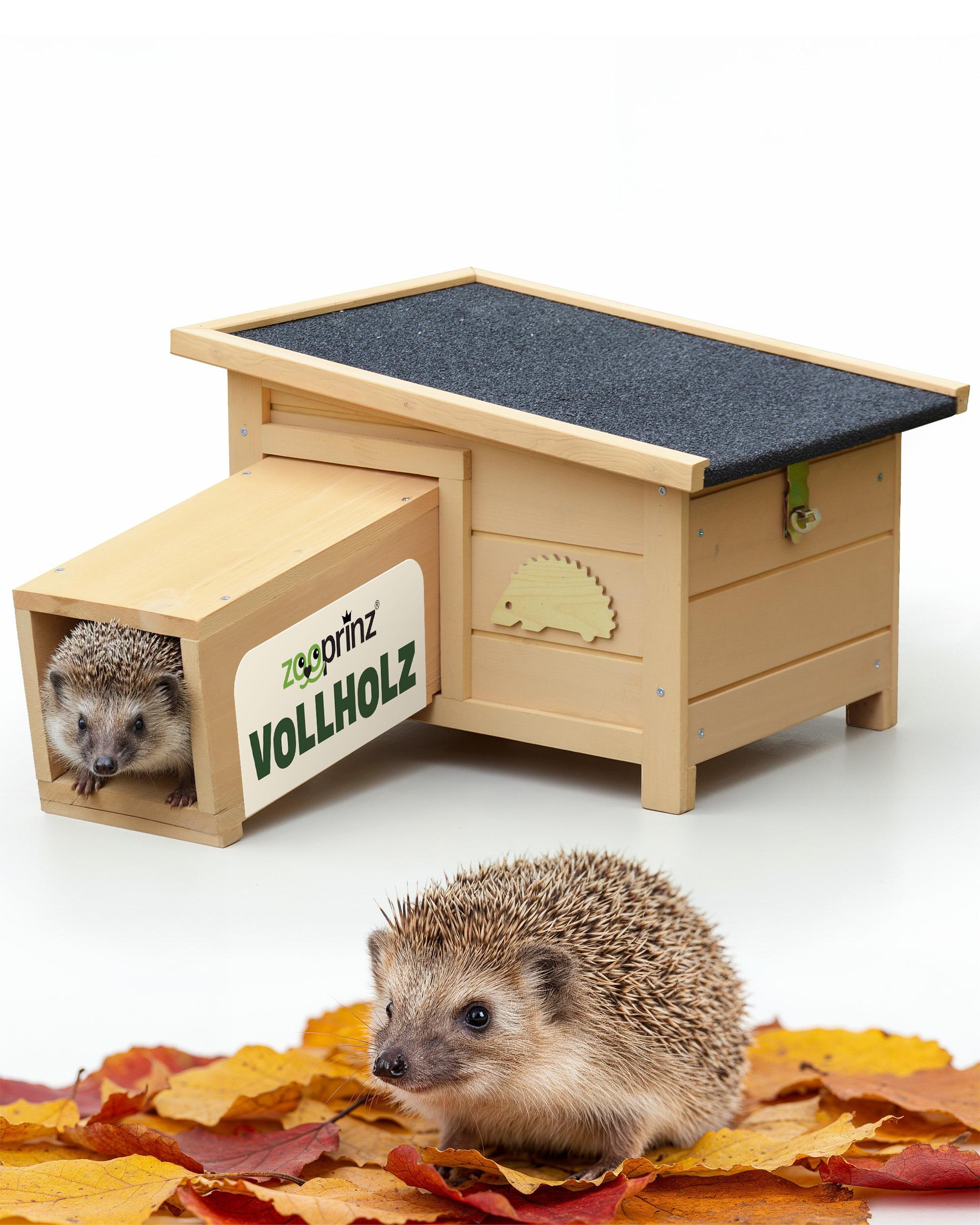 Igelhaus Igelhütte Holz zooprinz Hugo | mit Labyrinth Tunneleingang | Wetterfest Winterfest | Vollholz | 72×28×29 cm Winterquartier Igelhaus Hugo