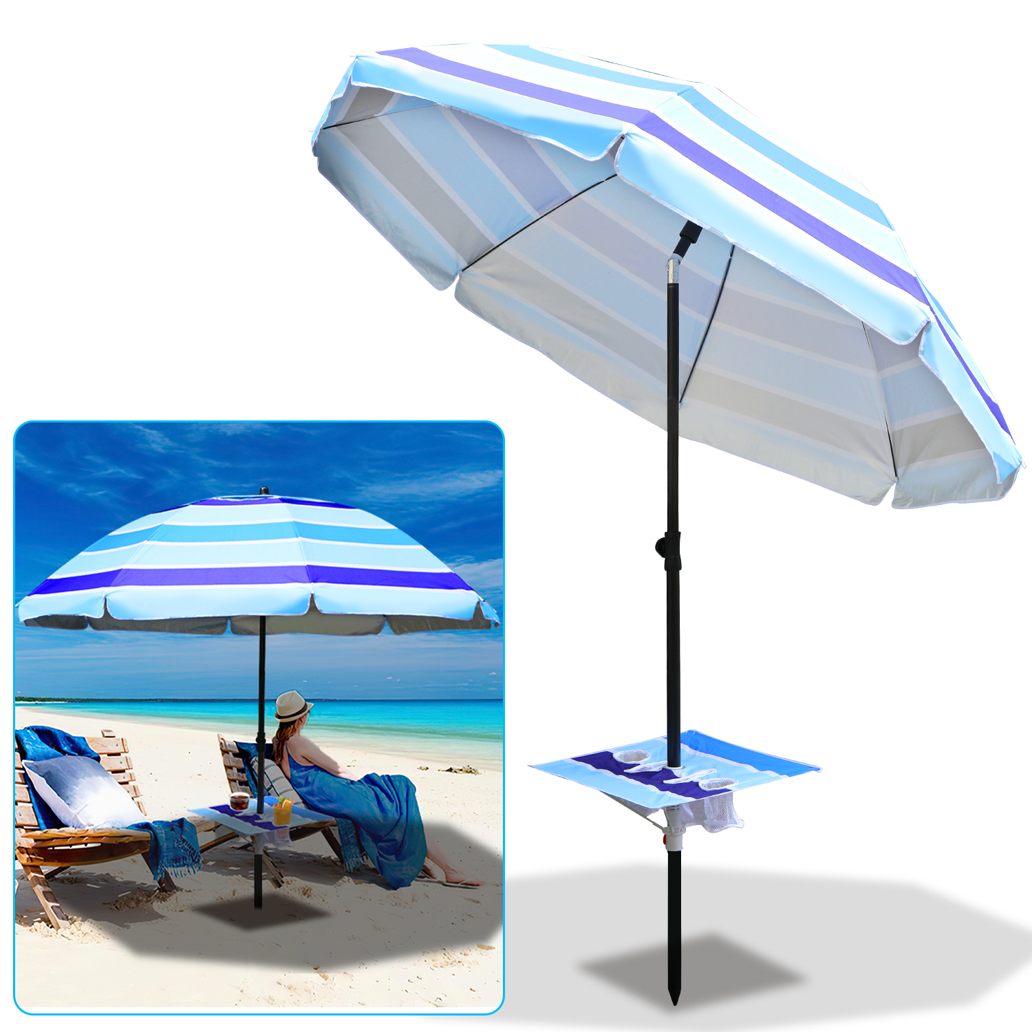 Clanmacy Strandschirm Sonnenschirm 210 cm - 50+ UV Schutz - Hawaiischirm Gartenschirm mit Erdspieß RL-HG9471-1-GDc
