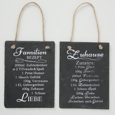 Boltze Schild Hängeschild Wandschild Schiefer Rezept für Zuhause / Familie 2er Set