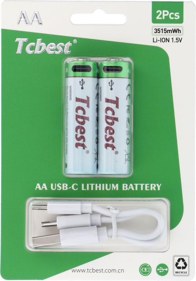 TCBEST dobíjacia batéria R6 (AA) 950 mAh s konektorom typu C + kábel USB A na 2 x typ C 2 ks