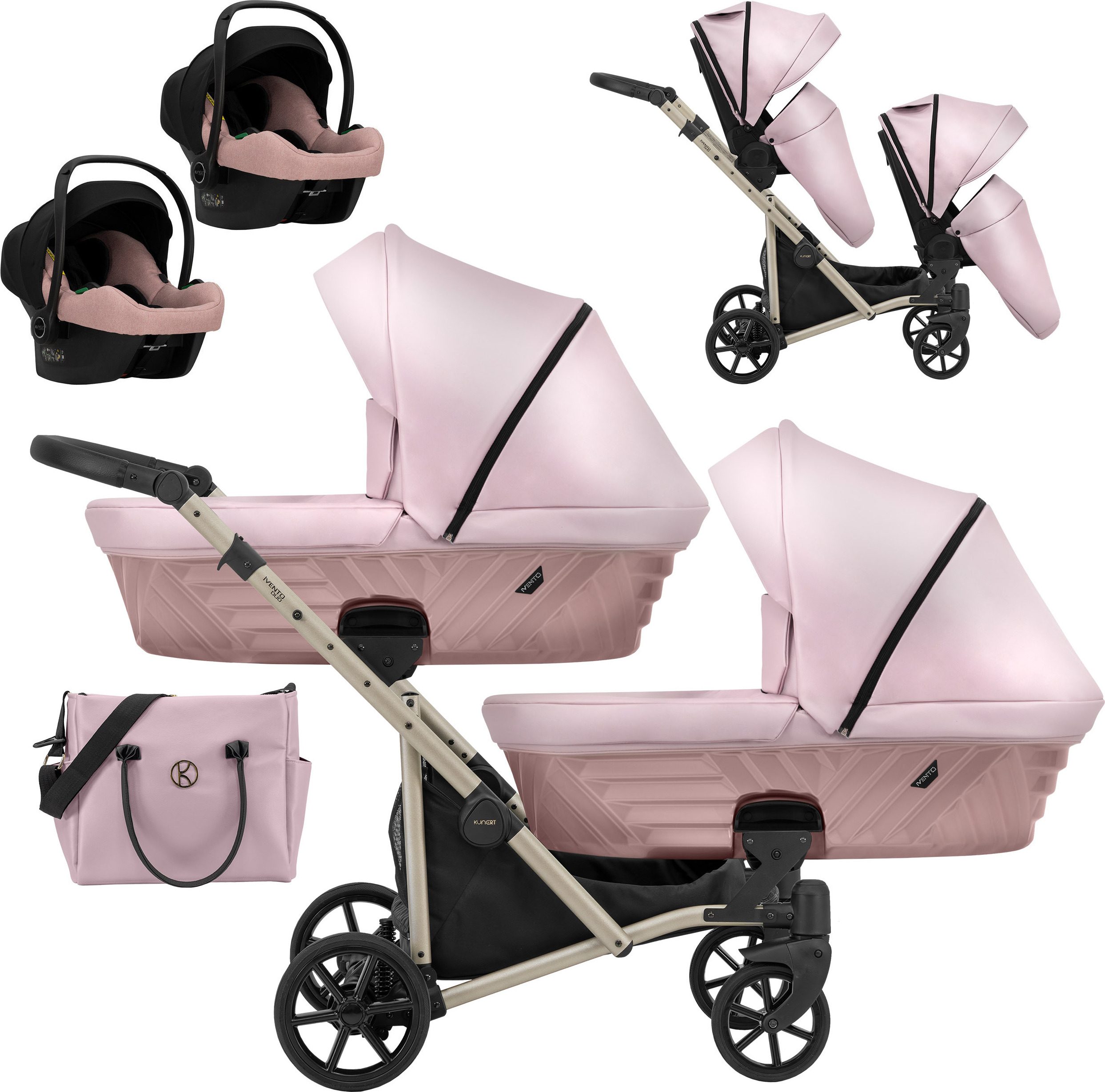 Kinderwagen IVENTO DUO 3 in 1 Komplettset Zwillingskinderwagen Geschwisterwagen Zwillingsbuggy Doppelkinderwagen (Pink, Rahmenfarbe: champagne)