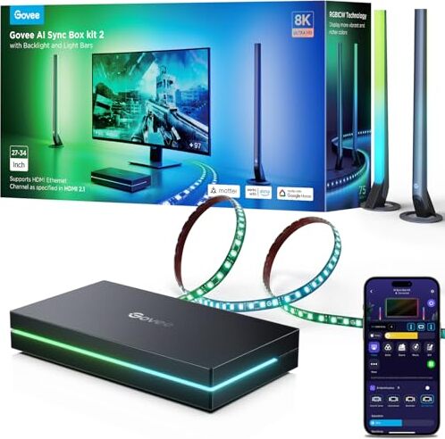 Govee HDMI 2.1 Sync Box Kit 2, fluorescenčný LED pásik, podporuje 8K@60Hz, 4K@144Hz, VRR Allm, Dreamview, Works Matter Alexa, podsvietenie monitora 27-3