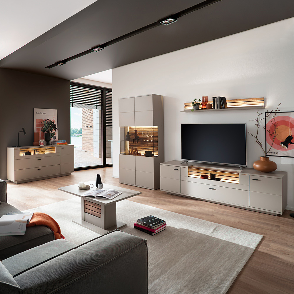 Lomadox Wohnzimmer-Set 5-teilig LIEZEN-05 in grau mit Eiche inkl. Beleuchtung LA05-LIEZEN-05-SET12