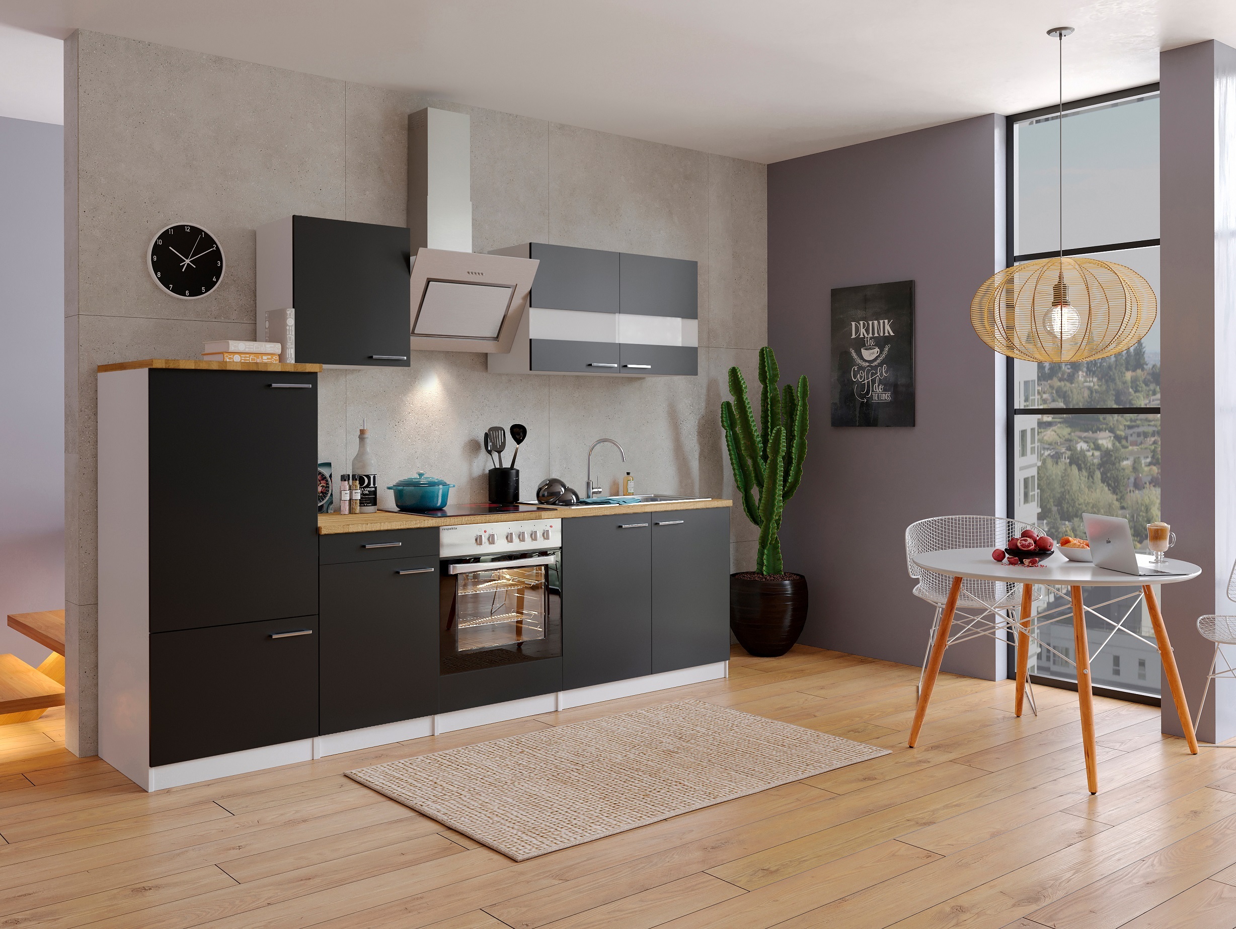 Küche Küchenzeile Küchenblock Einbauküche Weiß Schwarz Malia 270 cm Respekta KB270WSSCG