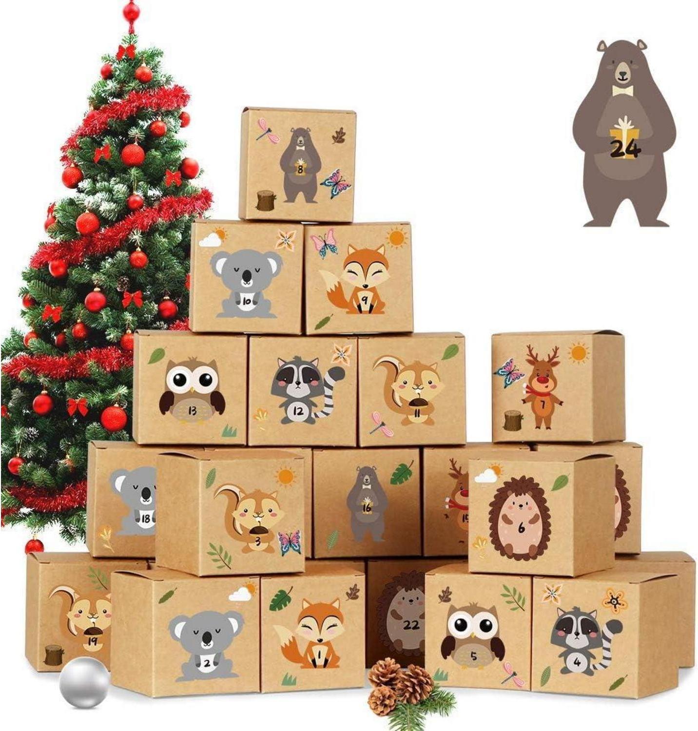 Adventný kalendár lesné zvieratá DIY sada 24 boxov so samolepkami