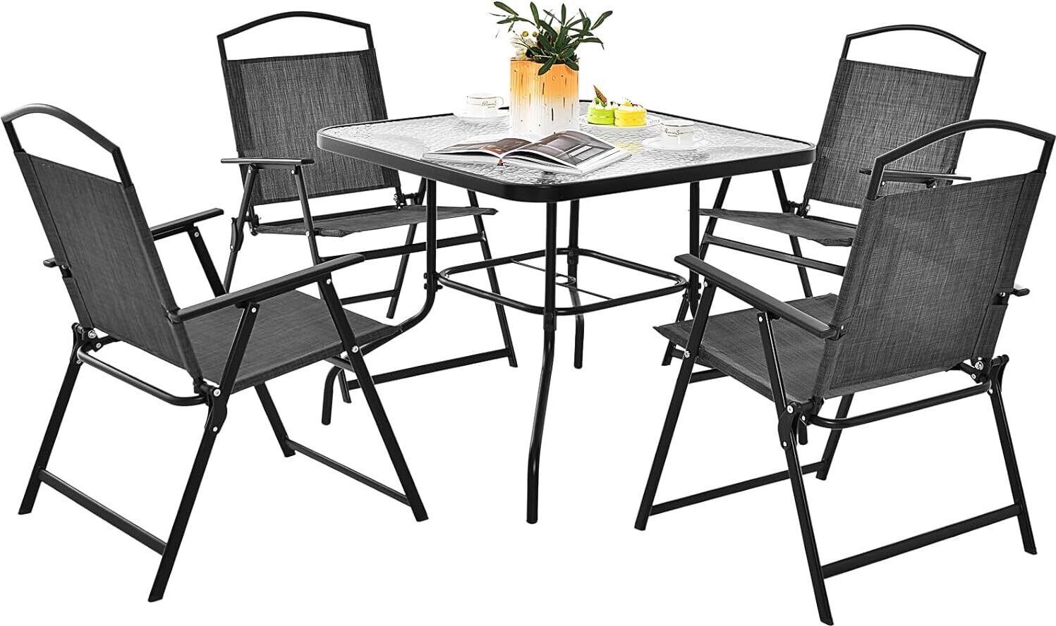 KOMFOTTEU bistro set z textílie Textilene, 5-dielny záhradný set, stôl s otvorom na slnečník 50 kg, skladacie stoličky 150 kg, sivá farba