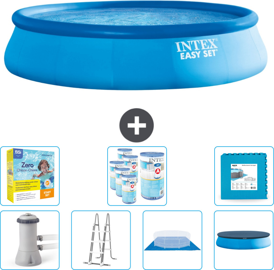 Intex okrúhly nafukovací bazén Easy Set - 457 x 107 cm - modrý - vrátane čerpadla - rebríka - podlahovej plachty - krycieho balíka na údržbu - filtra - dlažby