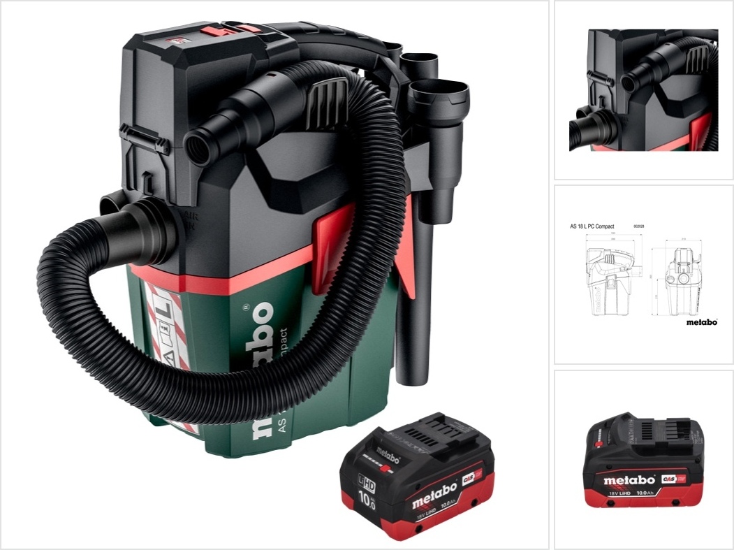 Metabo AS 18 L PC Kompaktný akumulátorový vysávač 18 V 6 l IPX4 prachová trieda L mokré a suché vysávanie + 1x akumulátor 10,0 Ah - bez nabíjačky