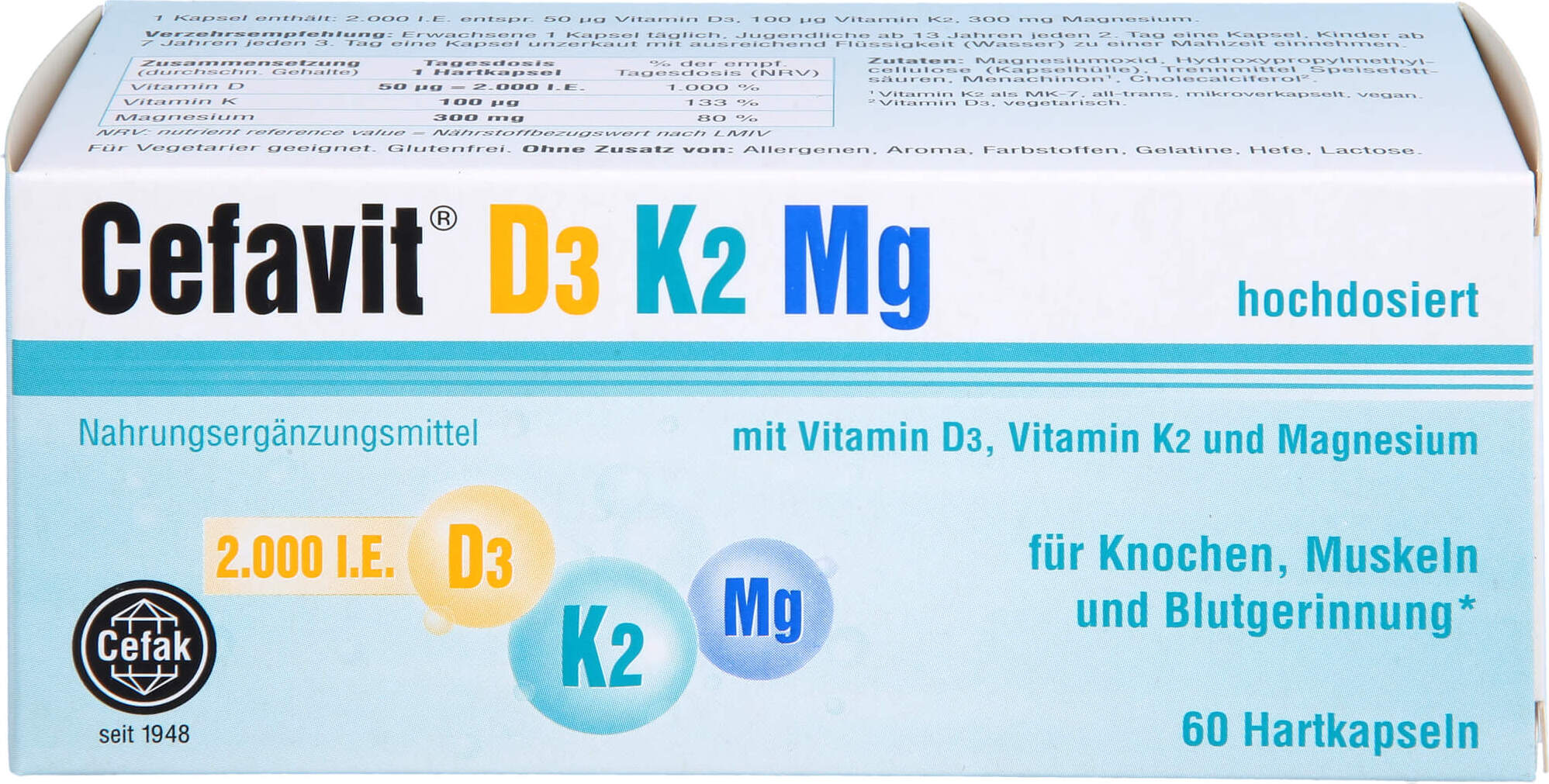 Cefak KG Cefavit D3 K2 Mg Hartkapseln für Knochen, Muskeln und Blutgerinnung, 60 St. Kapseln 13975246