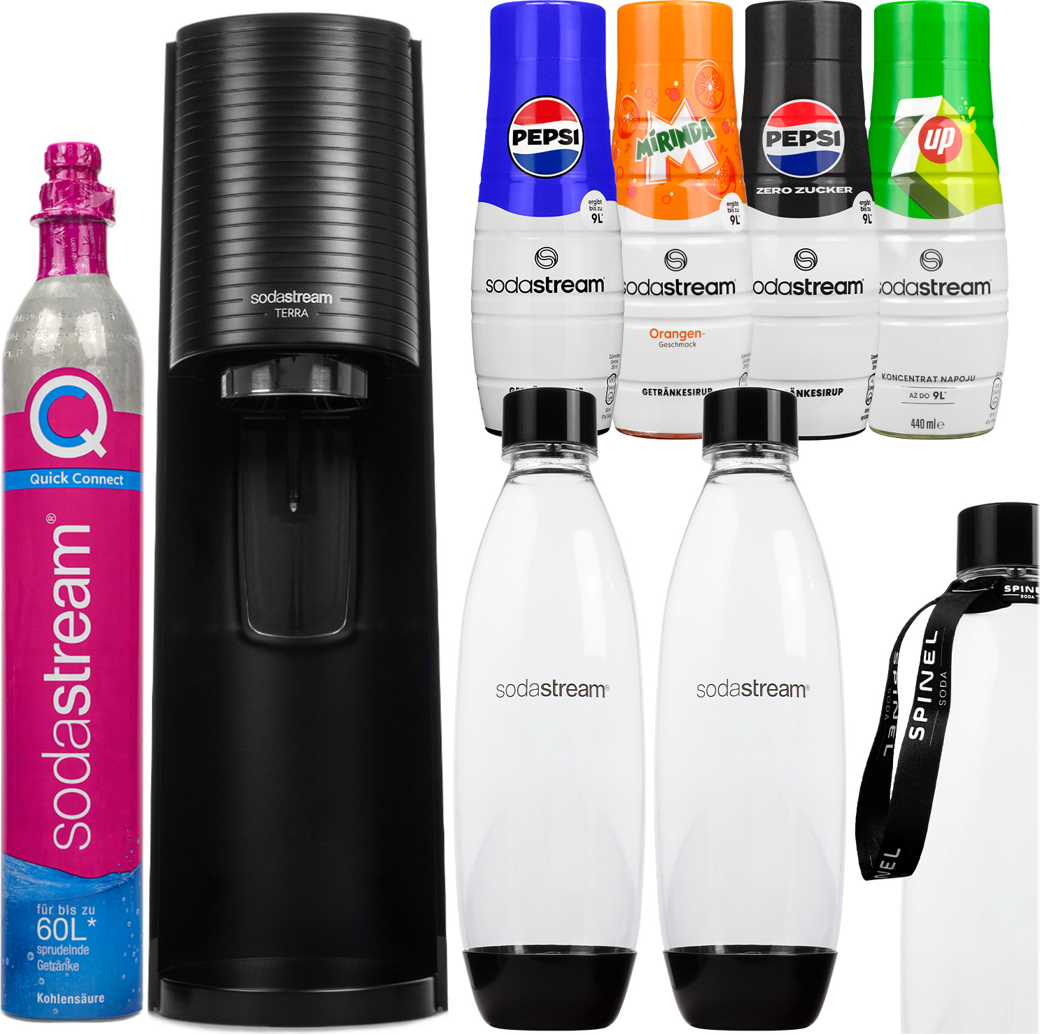 SodaStream Výrobník perlivej vody Terra Black Sada 2 fliaš so sirupom s rýchlospojkou