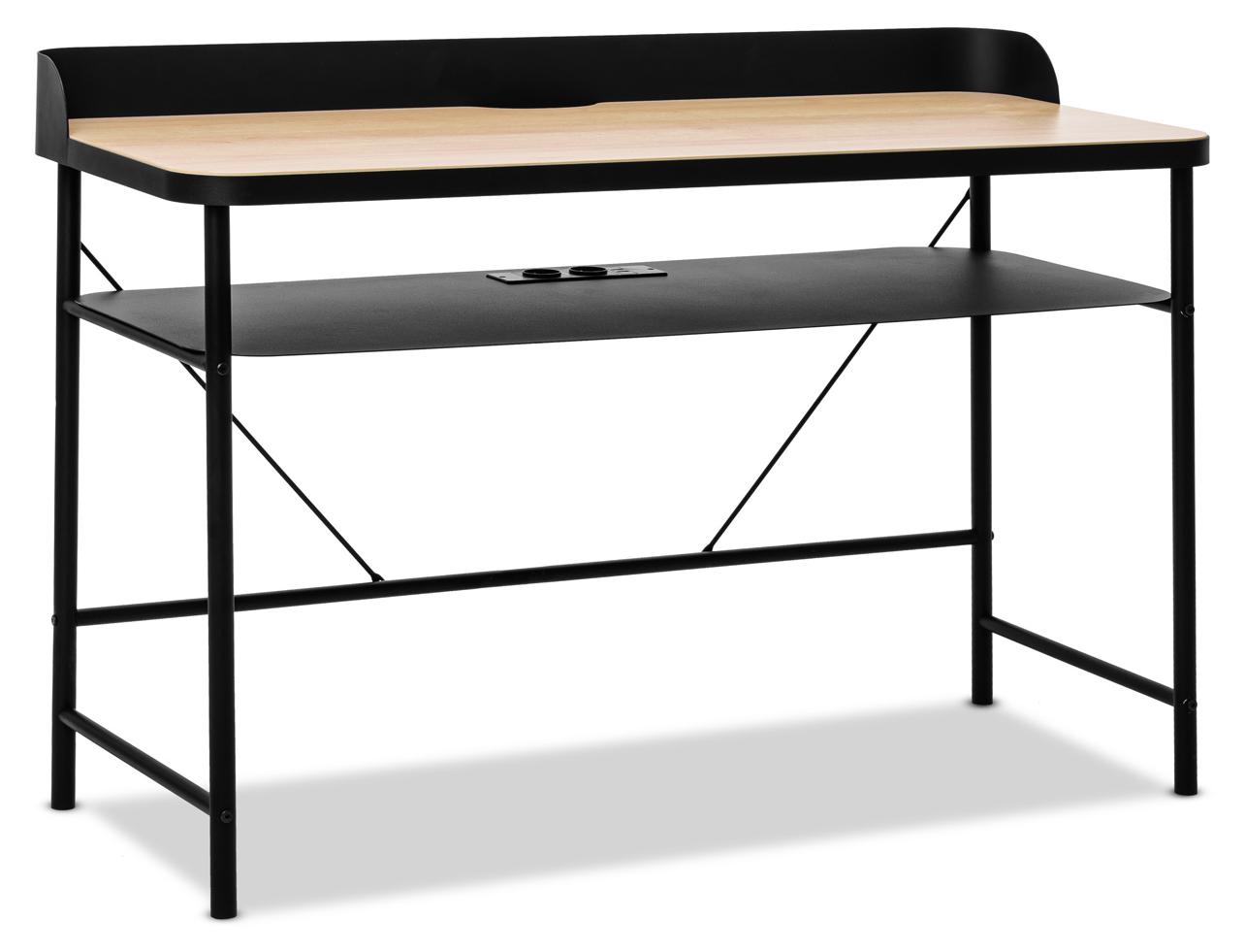 Frankystar Hariyang - Schreibtisch aus Metall mit Holzablage 120x50 cm mit 2 Shuko-Buchsen und 2 USB-Anschløssen MTLDSK-BLK