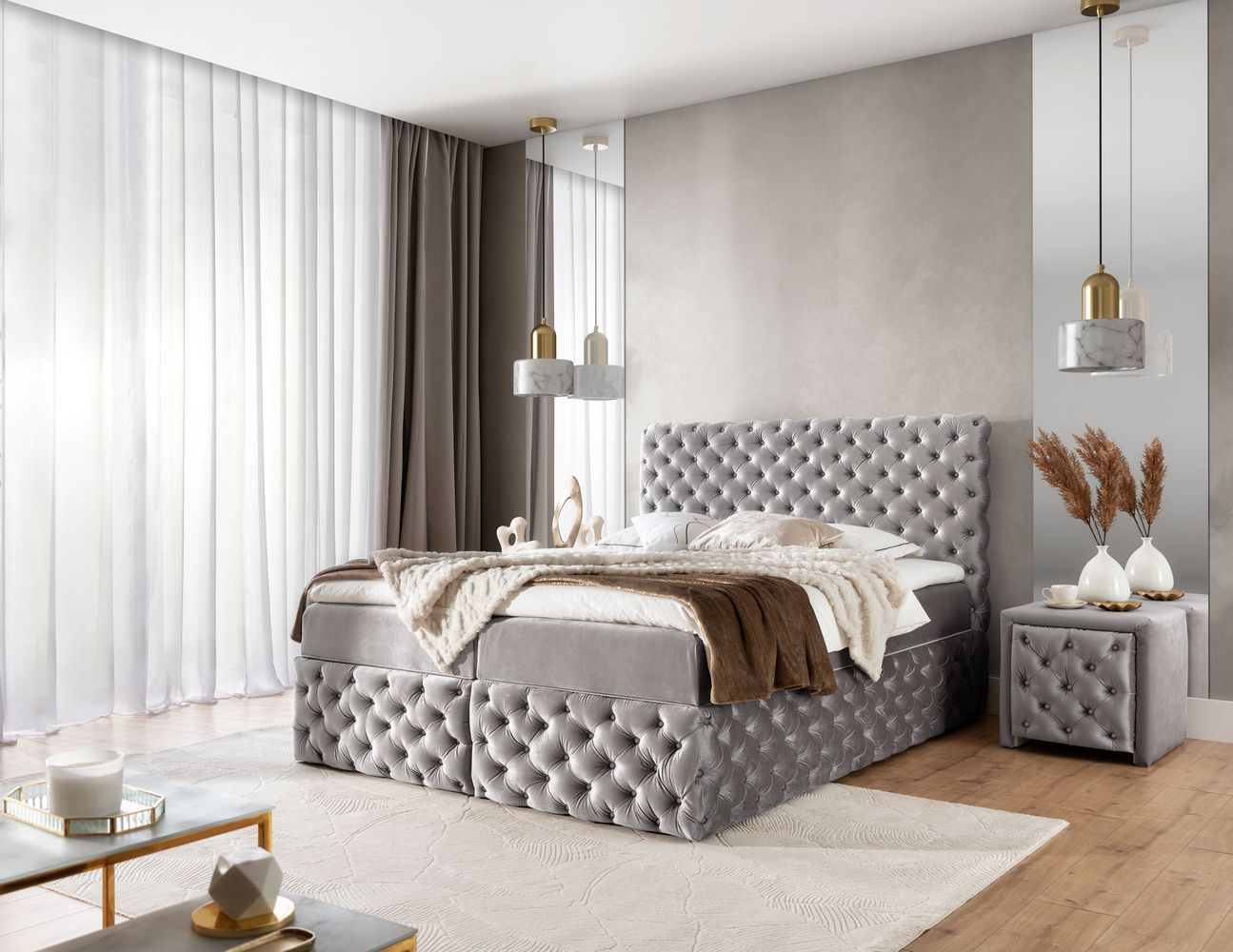 Čalúnená manželská posteľ 200x200 WANEKA - strieborná + topper ZDARMA