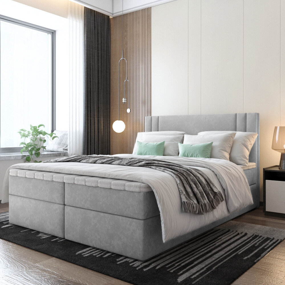 Bett Boxspringbett BEST, OHNE Topper mit Bettkästen - Doppelbett, Stauraum, Schlafzimmer, Polsterbett, Bettgestell (140x200, Hellgrau - ITAKA 51)