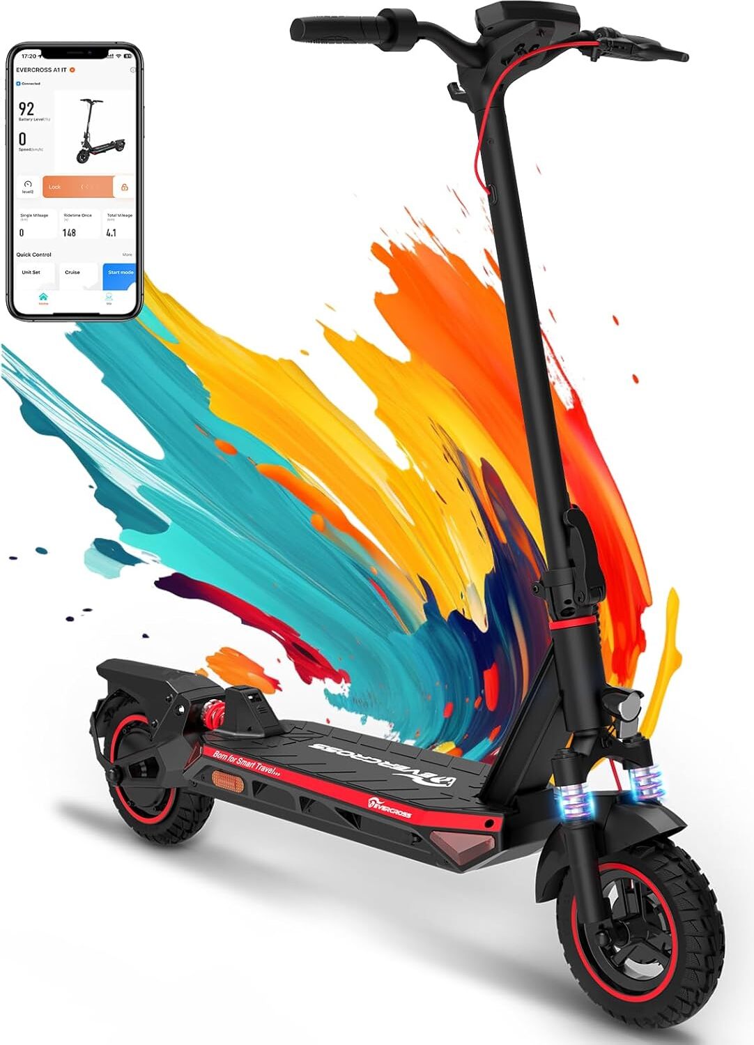 EVERCROSS A1 Red E Scooter s cestnou homologizáciou, 10'' skladacia elektrická kolobežka s vákuovou pneumatikou ABE, elektrická kolobežka pre dospelých s aplikáciou a LED displejom, 500W motor, 15,3AH batéria, 50-55 km, dvojitý brzdový systém