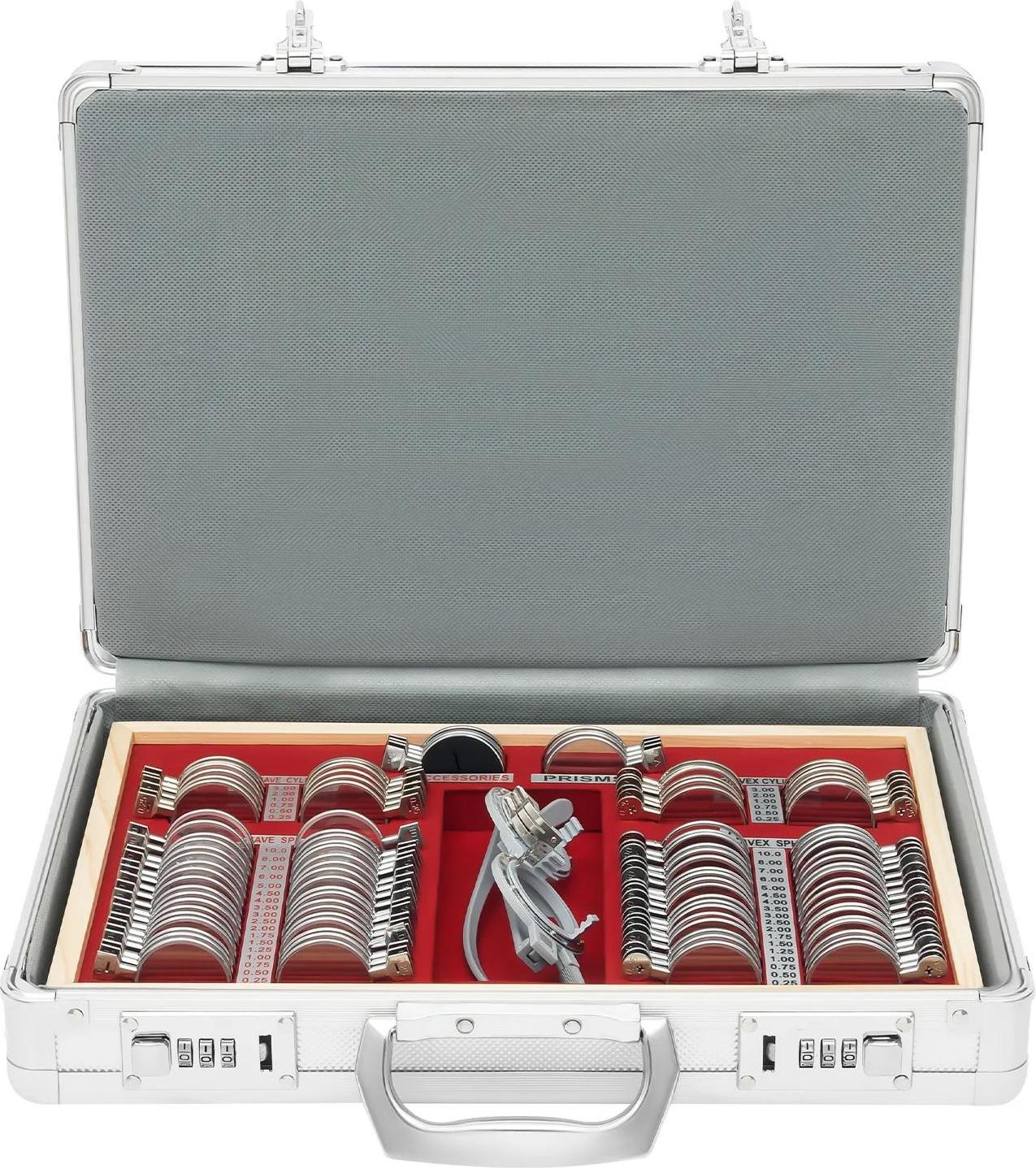 StarTech Optometrie Prüflinsensatz - 104-teilig - Verstellbar - Metall und Glas - Rechteckiges Etui 38×27×6 cm - Gewicht 3,02 kg - Silber