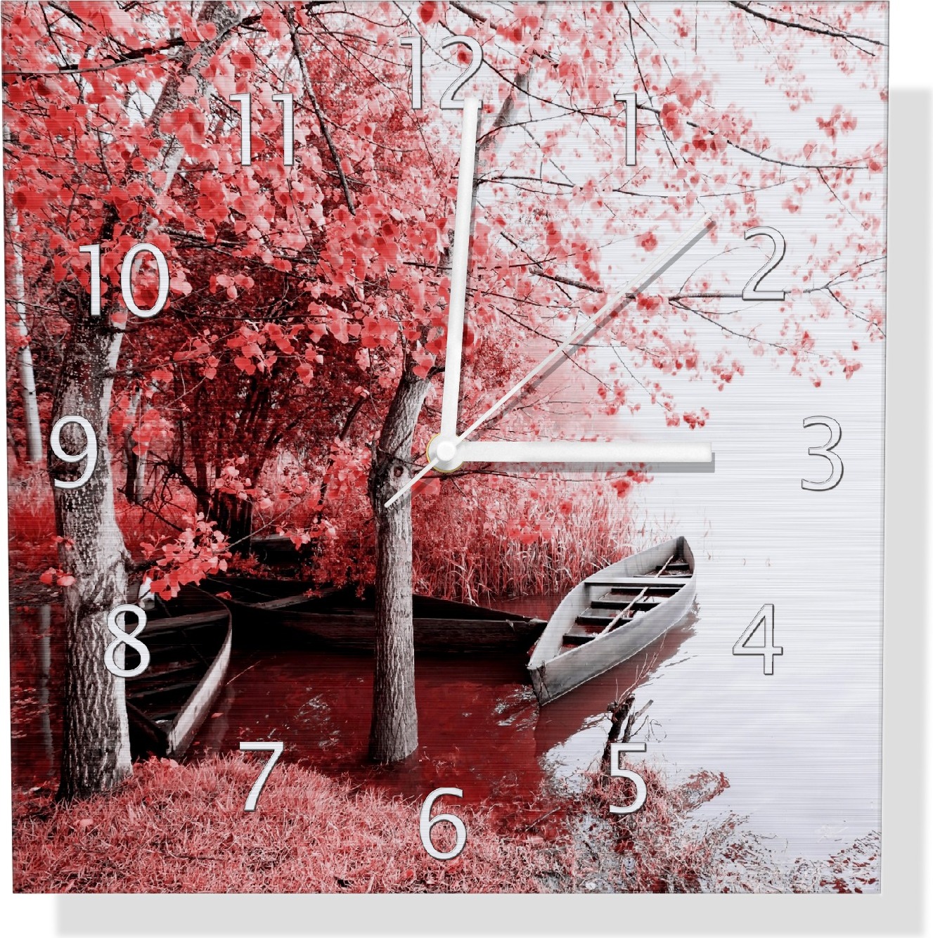 Wallario Design Wanduhr Romantische Bootsanlegestelle in rot-weiß aus Aluverbund, Größe 30 x 30 cm udi0080-3030