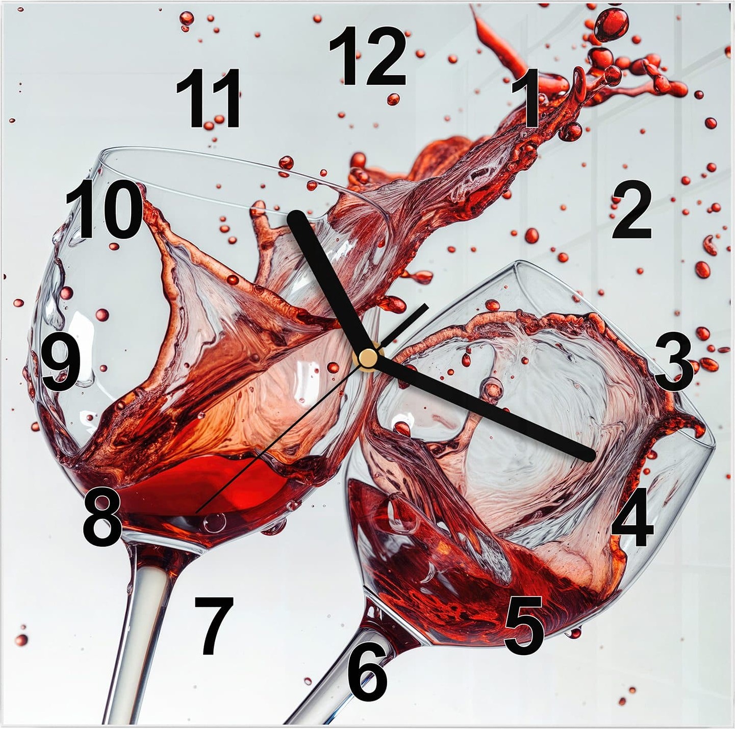 Primedeco Wanduhr aus Glas mit Motiv Weinkelchplätschern- 30 x 30 cm - inkl. Aufhängesystem