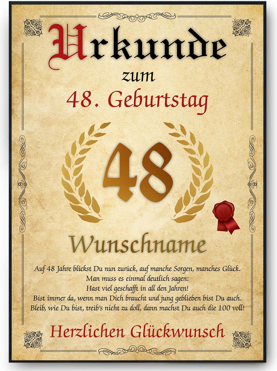 Tigerlino® Urkunde zum 48. Geburtstag personalisiertes Geschenk Jahrgang 1977 Geburtstagsurkunde 48 Jahre Geburtstagsgeschenk – DIN A4 (21x29.7cm)