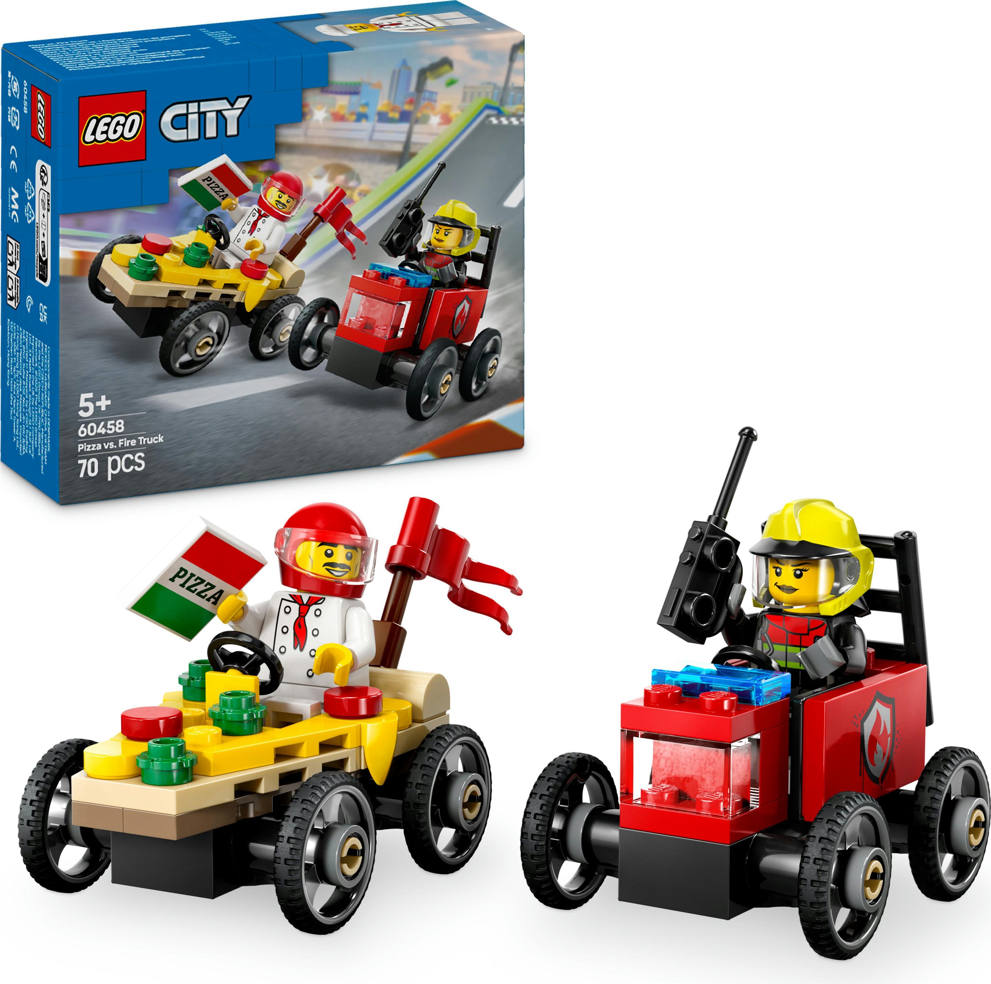 LEGO City dodávka na rozvoz pizze vs. hasičské auto - mydlová hračka pre dievčatá a chlapcov od 5 rokov - stavebnica s 2 minifigúrkami vodičov - darček k narodeninám a sviatku 60458