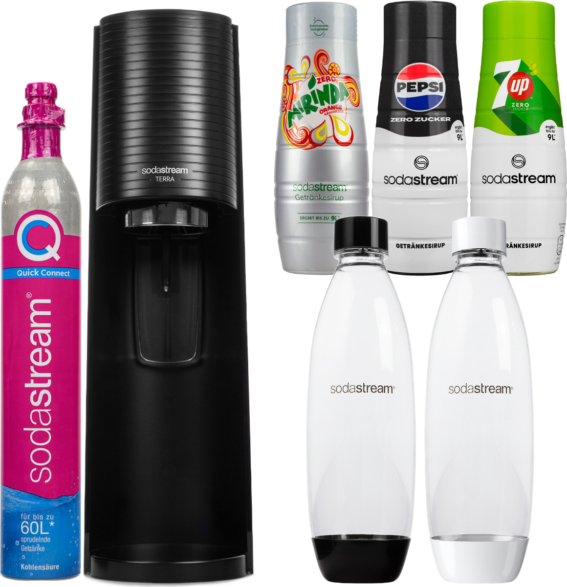Výrobník sódy SodaStream Terra Black + 2 fľaštičky, čierna/biela + Sirup pre SodaStream Pepsi Max, Mirinda light, 7UP zdarma, 440 ml
