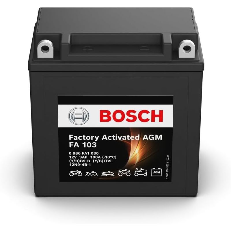 Bosch FA103 - AGM-Motorradbatterie - 12V 100A 9Ah - Geeignet für Motorräder, Motorräder, Enduros, Roller, Quads, Jetskis - Kompatibel M4F25, BB9-B, BTB9, 12N9-4B-1 0 986 FA1 030