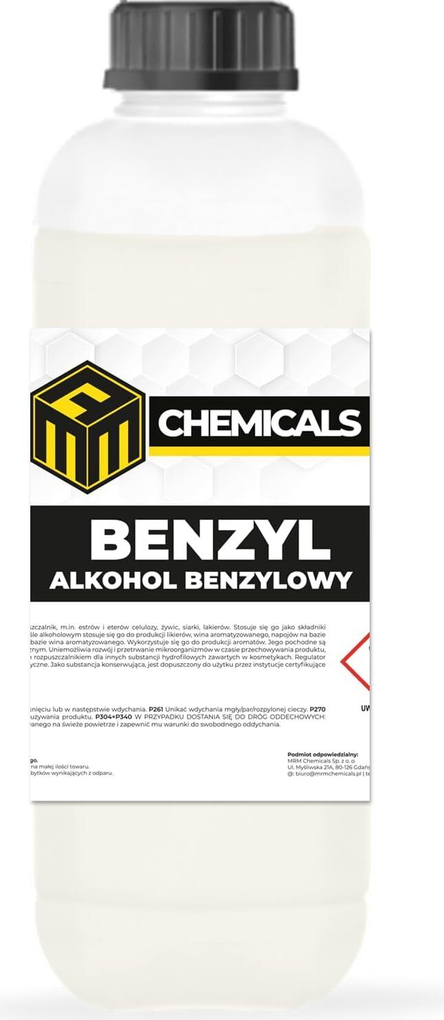 MRM-Chemicals MRM CHEMICALS Benzylalkohol 1L 1 Liter Rein Phenylmethanol Lösungsmittel, Konservierungsmittel in Kosmetika Parfüms, Zusatzstoff E1519 Lebensmittelqua