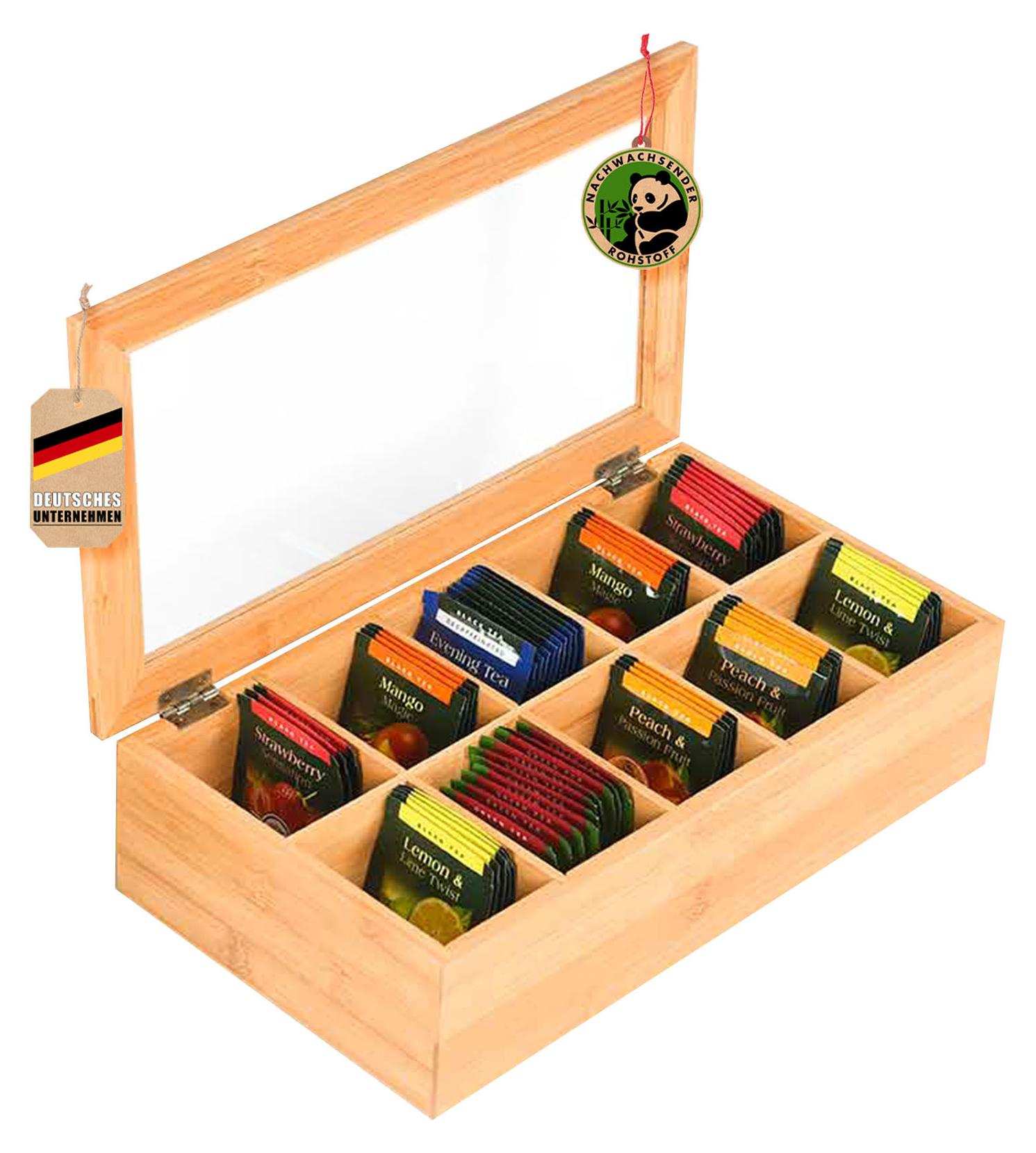 Scatola Da Tè In Bambù Con 8 Scomparti E Finestra In Vetro, 30x19x9 Cm, Per Bustine, Spezie, Cialde Caffè O Come Confezione Regalo