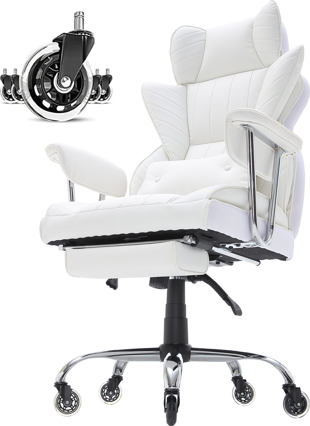 SucceBuy polohovateľná kancelárska stolička s podnožkou, robustná široká manažérska stolička zPolyuretánkože, veľká a vysoká kancelárska stolička s bedrovou opierkou, stabilná kovová základňa, tiché kolieska, biela