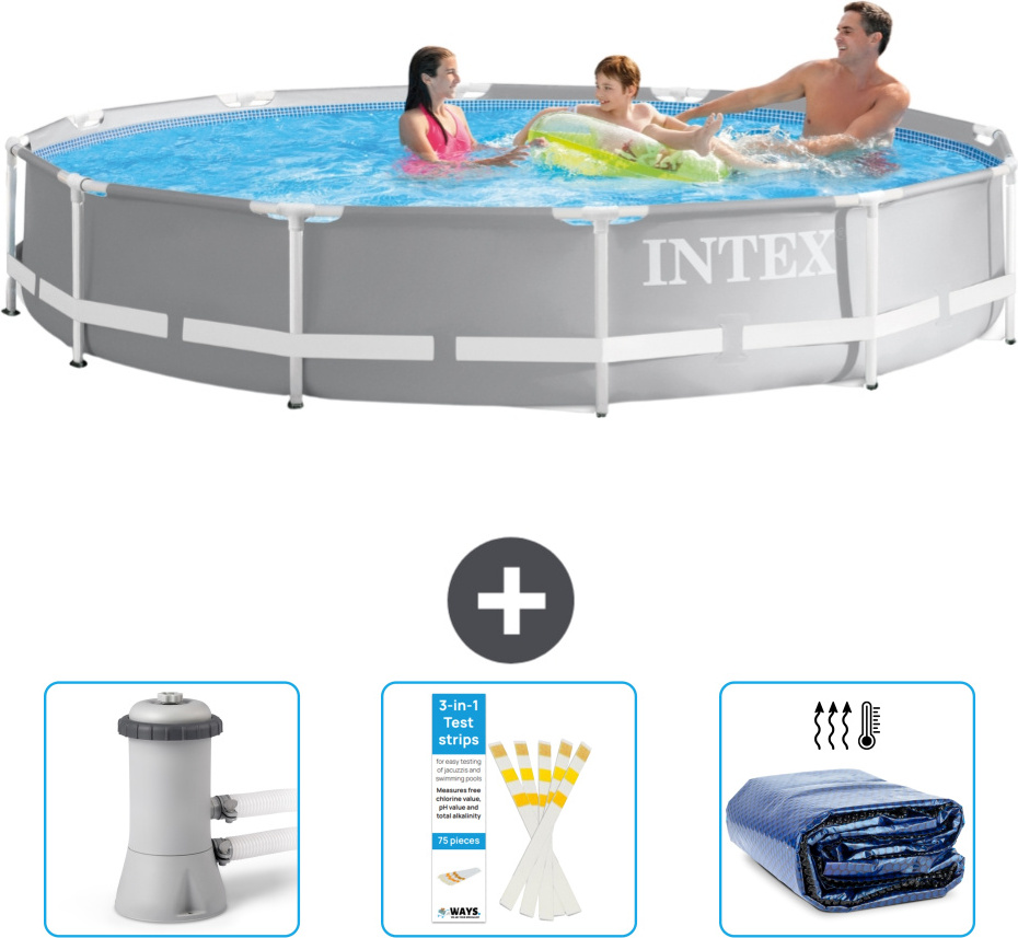 Bazén Intex s okrúhlym hranolovým rámom - 366 x 76 cm - sivý - obsahuje filtračné čerpadlo pre bazén - testovacie prúžky - slnečnú striešku