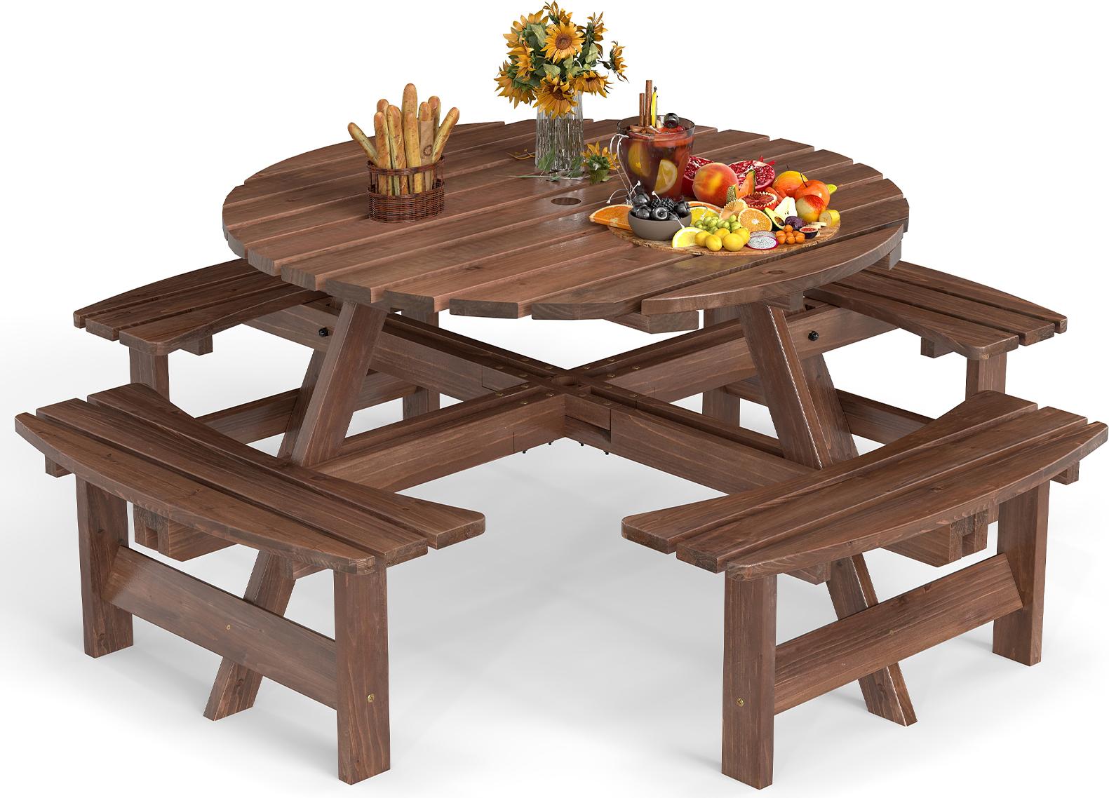 Drevený piknikový stôl a stoličky pre 8 osôb, okrúhly kempingový stôl s otvorom na dáždnik, okrúhly vonkajší stôl so 4 zabudovanými zakrivenými lavicami