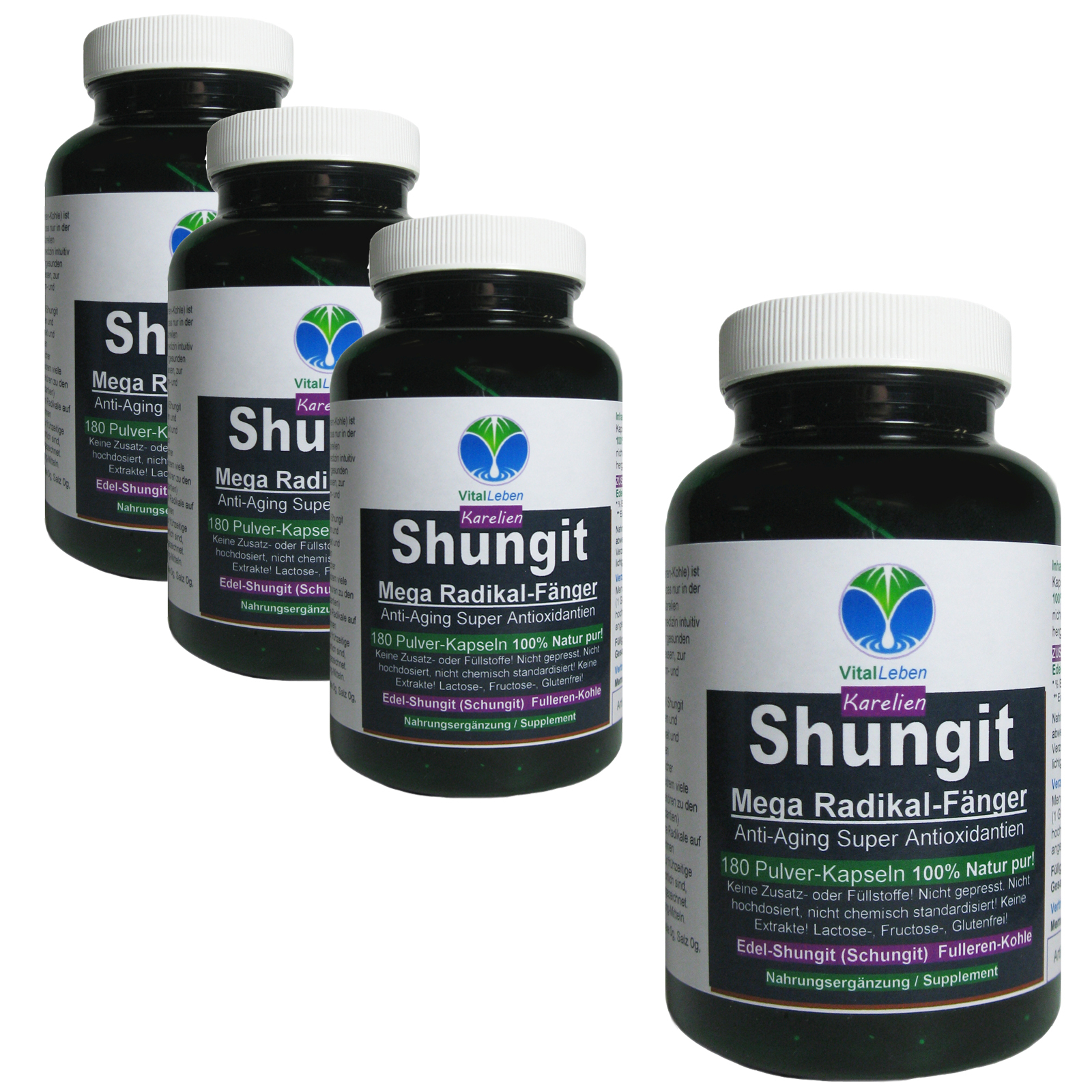 VitalLeben Edelschungit Schungit Elite Shungite 720 (4x180) Pulver Kapseln. aus Karelien. 100% NATUR pur! OHNE ZUSATZSTOFFE. 26730-720