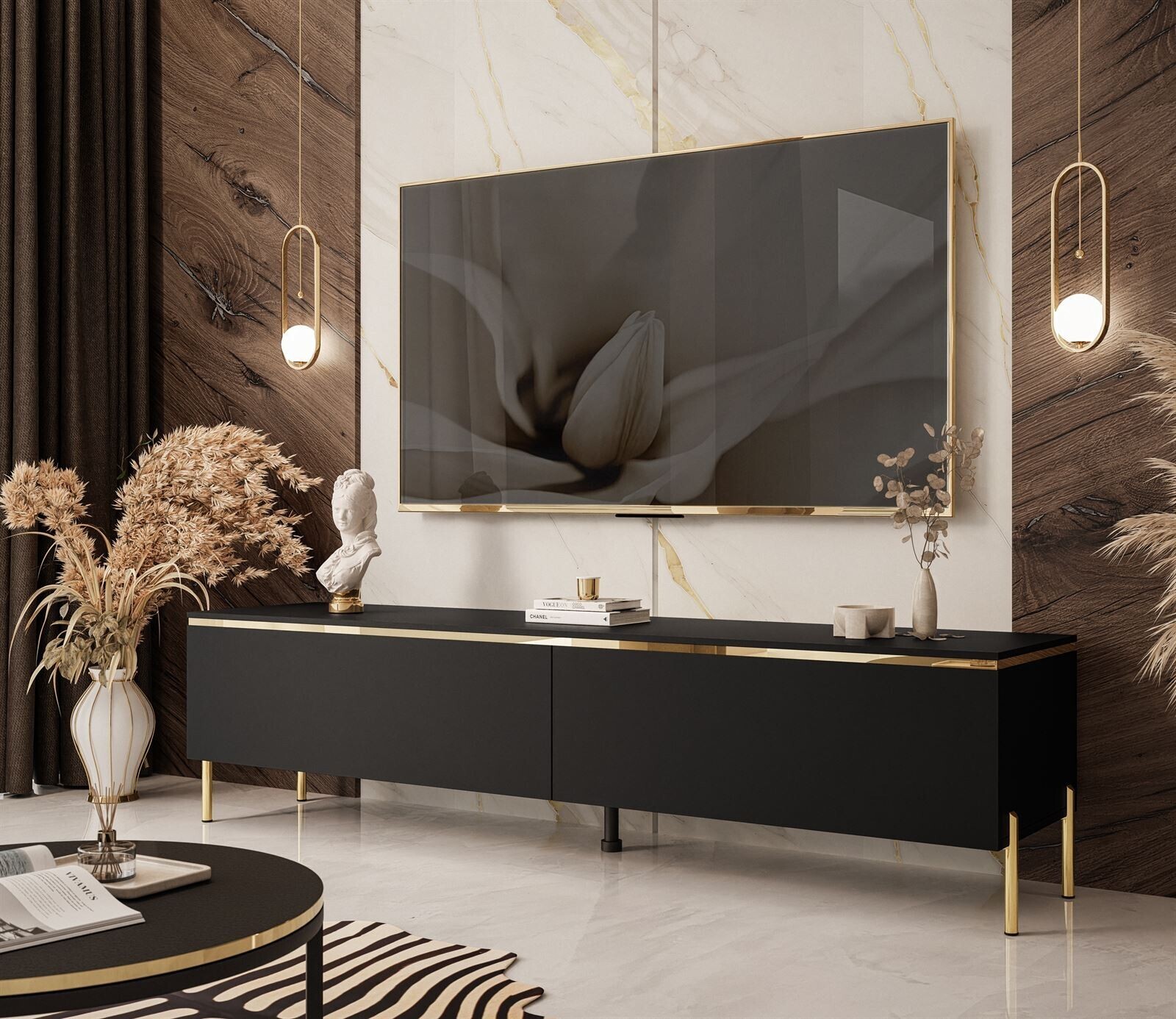 Lookway AURORA RTV Schrank schwarz matt mit gerade gold Chrom LOOK00076
