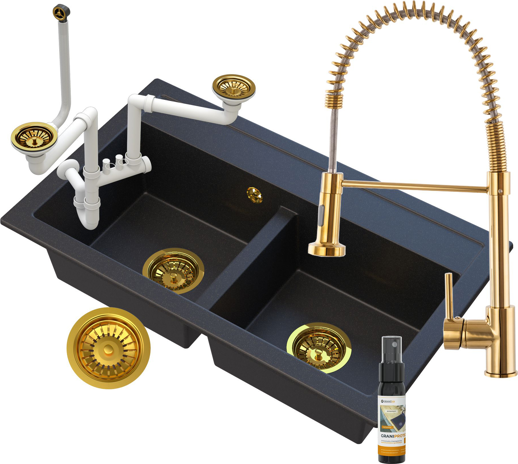 GRANITAN Doppelwaschbecken Golden Duet + Siphon Golden GOLDENES DUETT