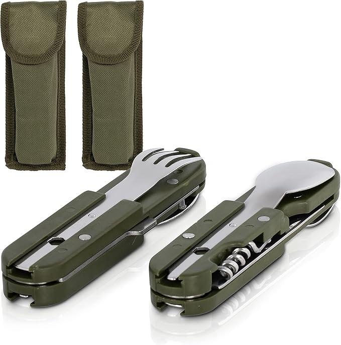 Meiyi 2-teiliges Outdoor-Besteck der Bundeswehr Edelstahl-Campingbesteck Besteckset 6-teiliges Campingbesteckset, grün-silber