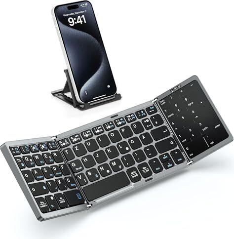 Moko Foldable Bluetooth QWERTZ -Tastatur - tragbare, Touchpad- und numerische Tastatur, wiederaufladbare Trackpad Windows iOS Android Tablet/Mobile