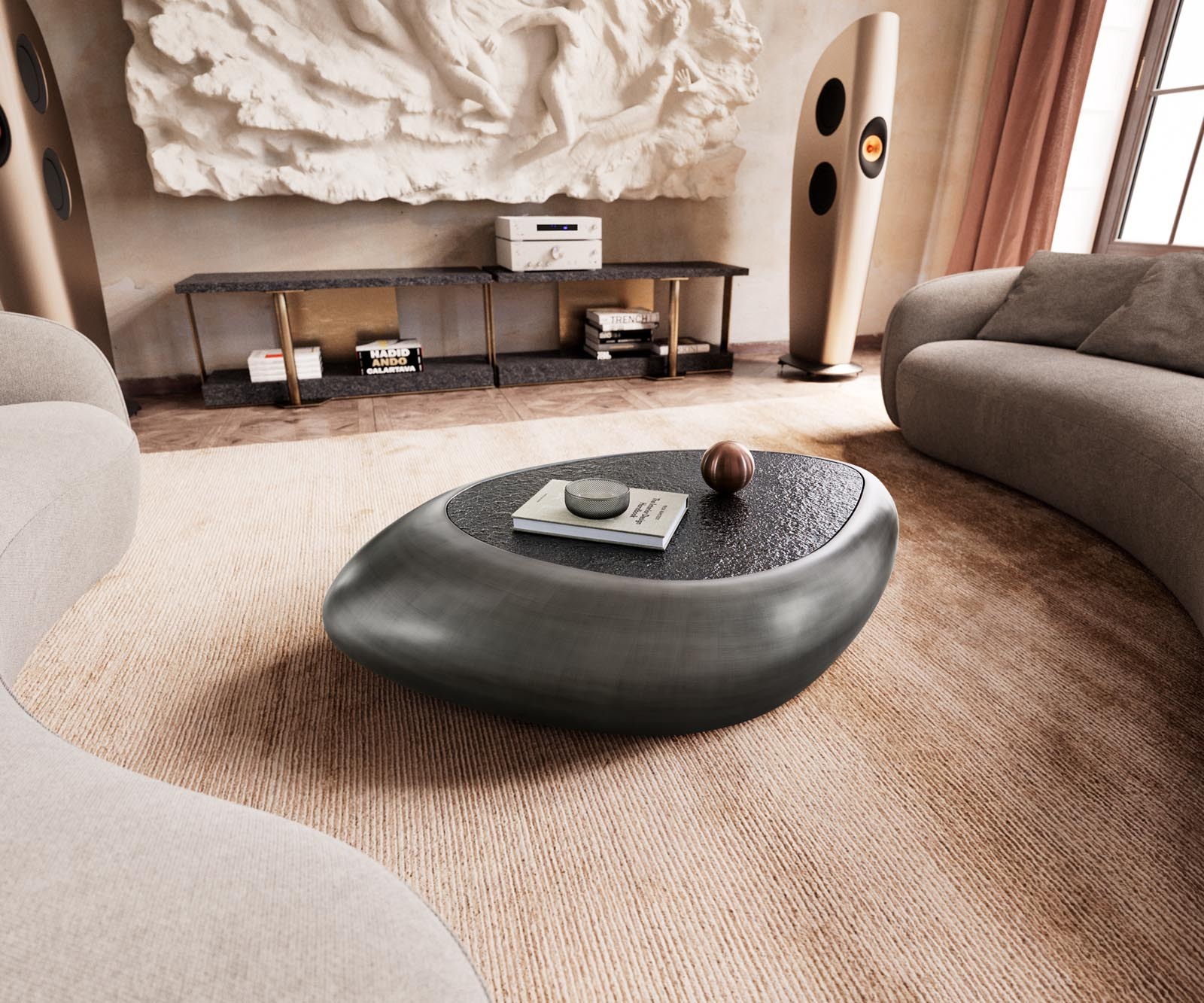 DELIFE Couchtisch Sagana 120x80 cm Metallic Silber mit Reliefglas Grau