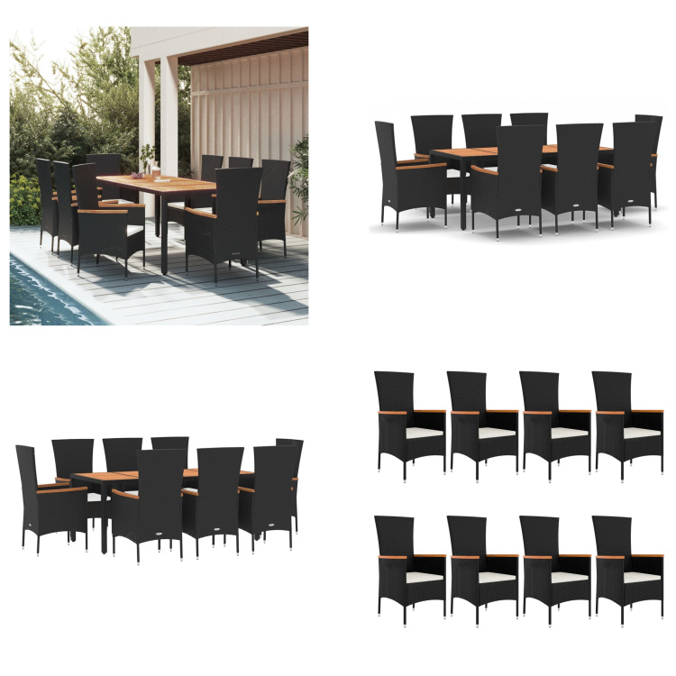 vidaXL 9 tlg. Garten Essgruppe mit Kissen Schwarz Poly Rattan - Garten Essgruppe - Garten Essgruppen - Essgruppe - Essgruppe Terrasse