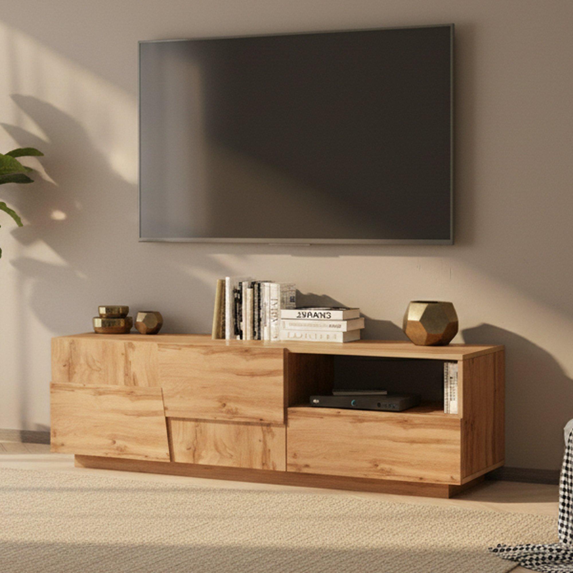 Dmora TV-Ständer Dcoulibal, niedriges Wohnzimmer-Kommode mit 2 Türen und 1 Schublade, TV-Ständer-Basis, 150x44x46 cm, Eiche