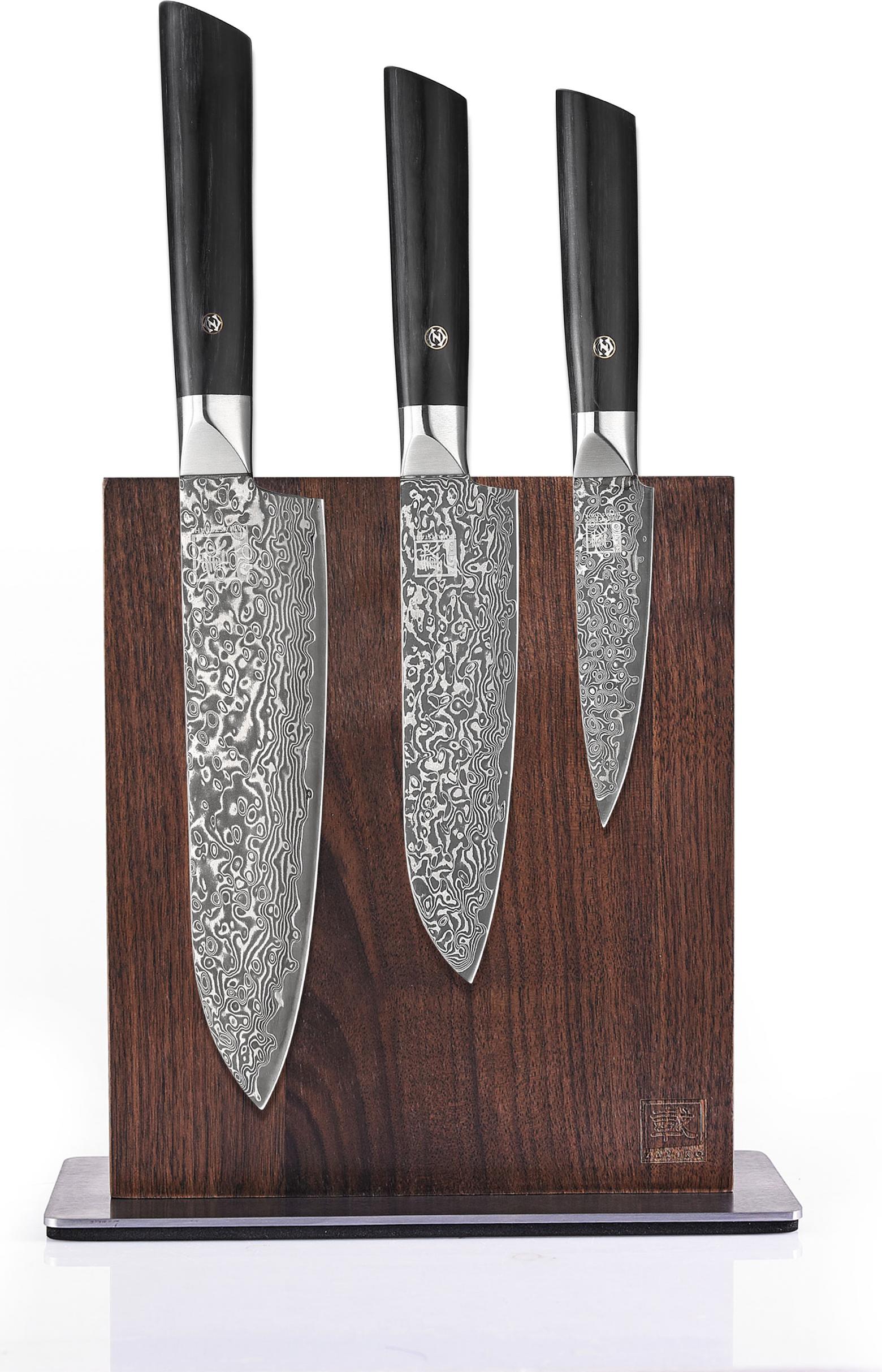 Zayiko Black Edition 3er Messerset mit Messerblock I 9-18cm Klingen I dunkler Damast I Pakkaholz