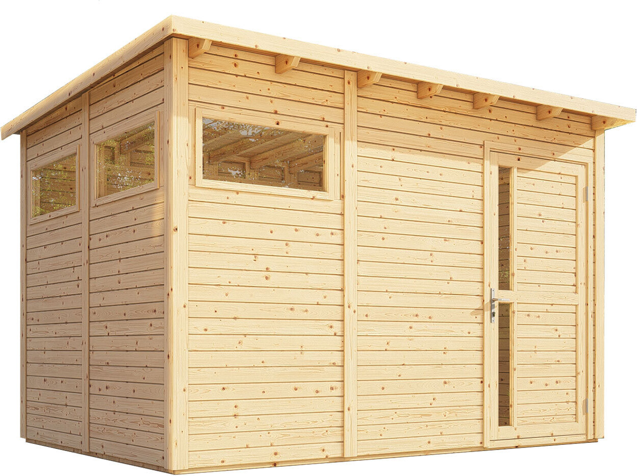 Steiner Shopping Gartenhaus Kiel 03 inkl. Fußboden, Naturbelassen - 19 mm Elementgartenhaus, Nutzfläche: 7,70 m², Flachdach