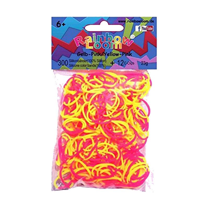 Rainbow Loom Gummibänder Gelb-Pink Inh.: 300 Bänder 100 % Silikon + 12 C-Clips RL945