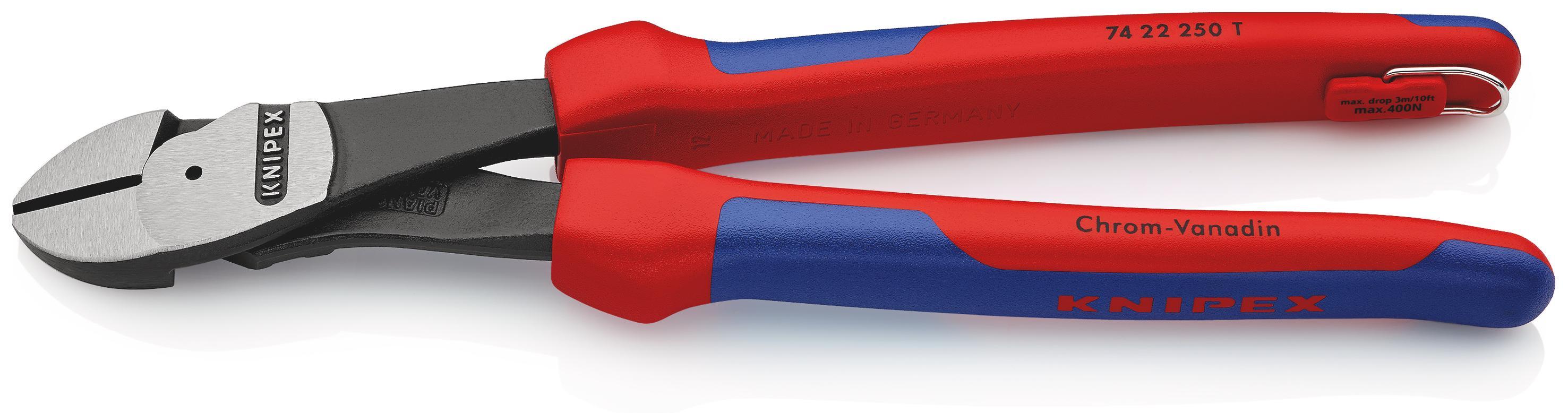 KNIPEX 74 22 250 T Kraft-Seitenschneider mit Mehrkomponenten-Hüllen, mit integrierter Befestigungsöse zum Anbringen einer Absturzsicherung schwarz atramentiert 250 mm