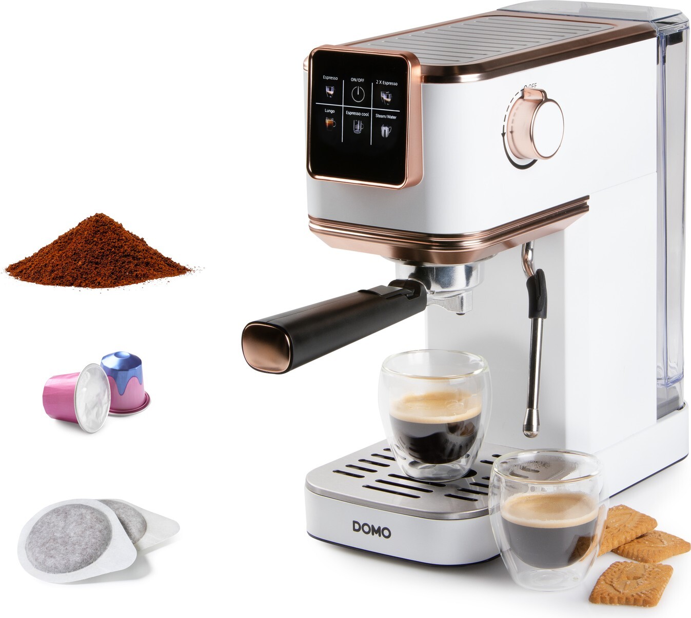 Domo DO746K, Kombinovaný kávovar, 1,1 L, Kávová kapsula, kávový sáčok, Mletá káva, 1350 W, Ružové zlato, Biela