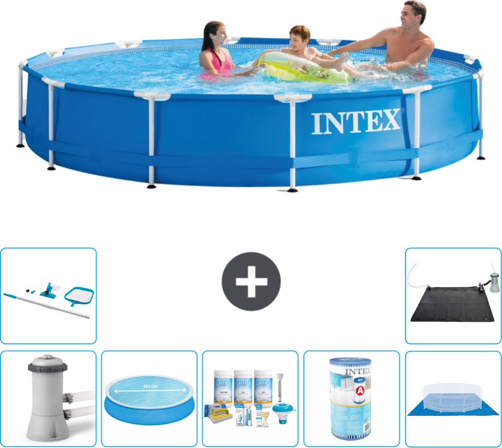 Bazén s okrúhlym rámom Intex - 366 x 76 cm - modrý - vrátane čerpadla - markízy - balíka na údržbu - filtra - krycej plachty - čistiacej súpravy - solárnej podložky