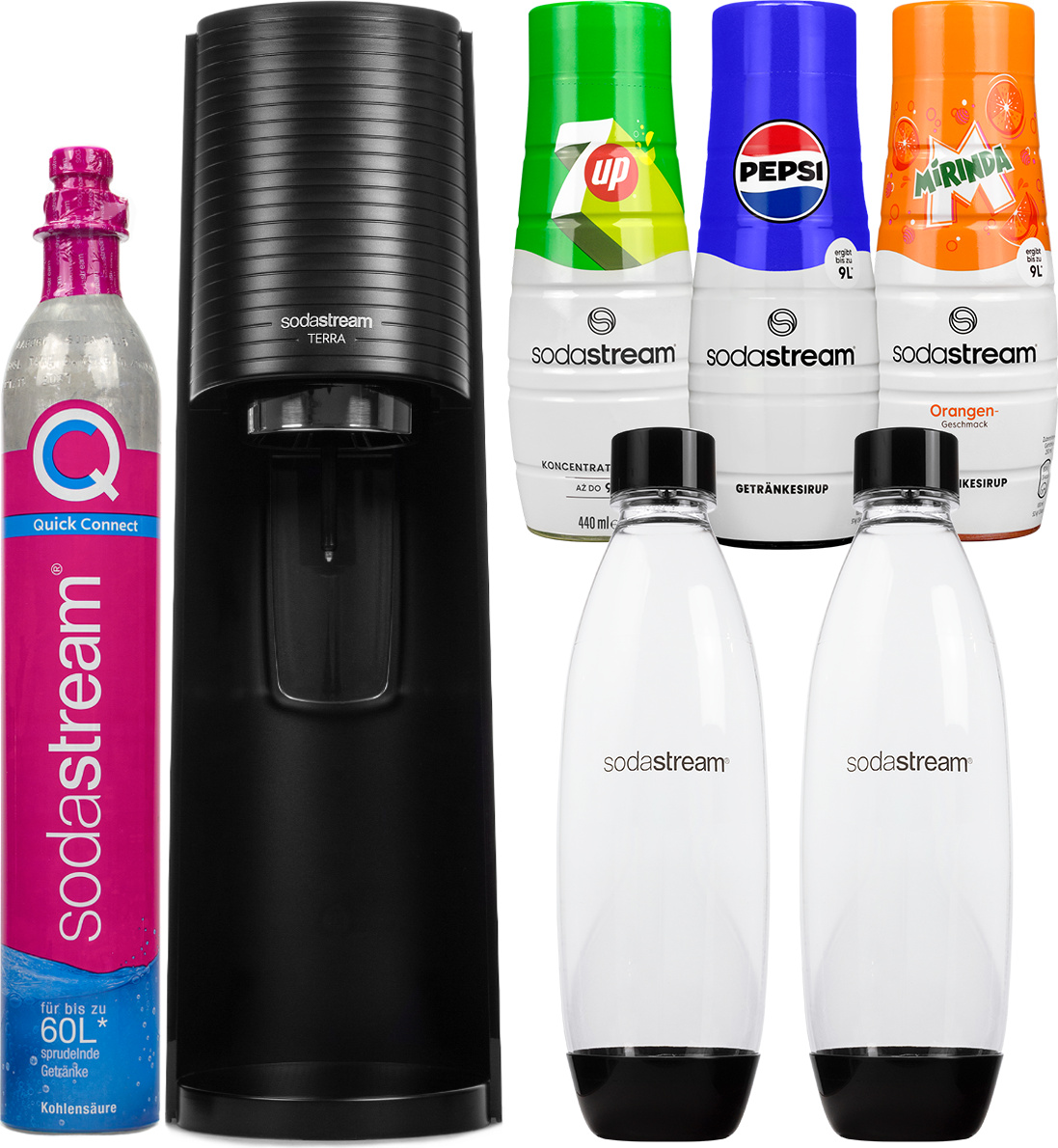 Výrobník perlivej vody SodaStream Terra Black s 2 fľašami + 3 sirupy (Pepsi, Mirinda, 7UP) 440 ml